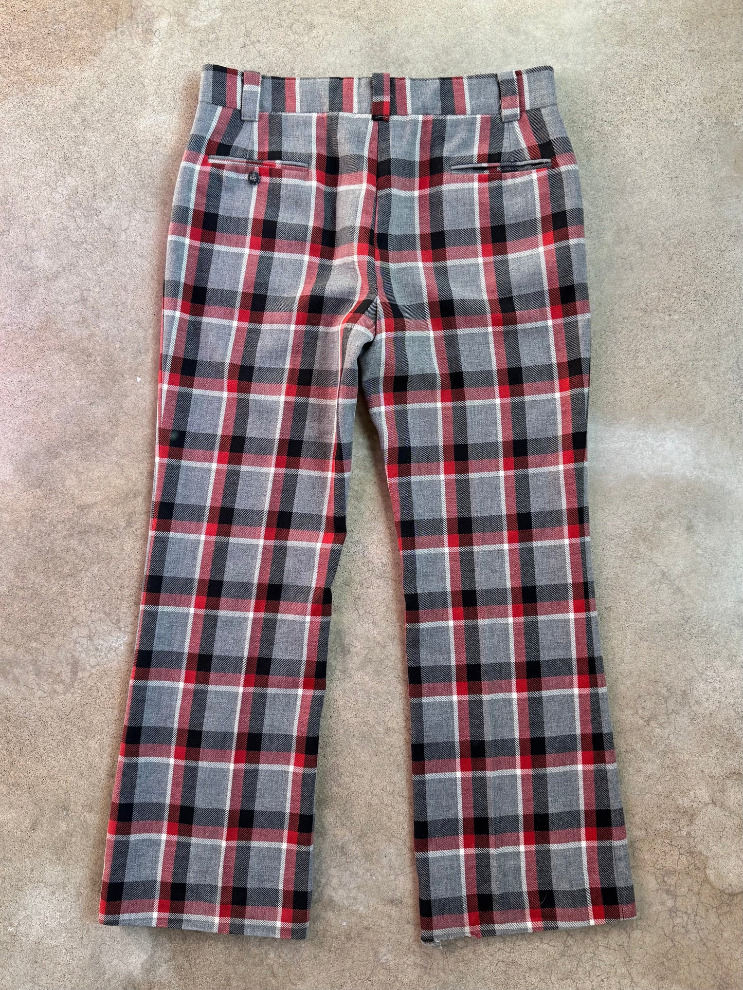 Vintage 1960s Red & Grey Plaid Wool Wide Leg Trousers | Waist 36”
