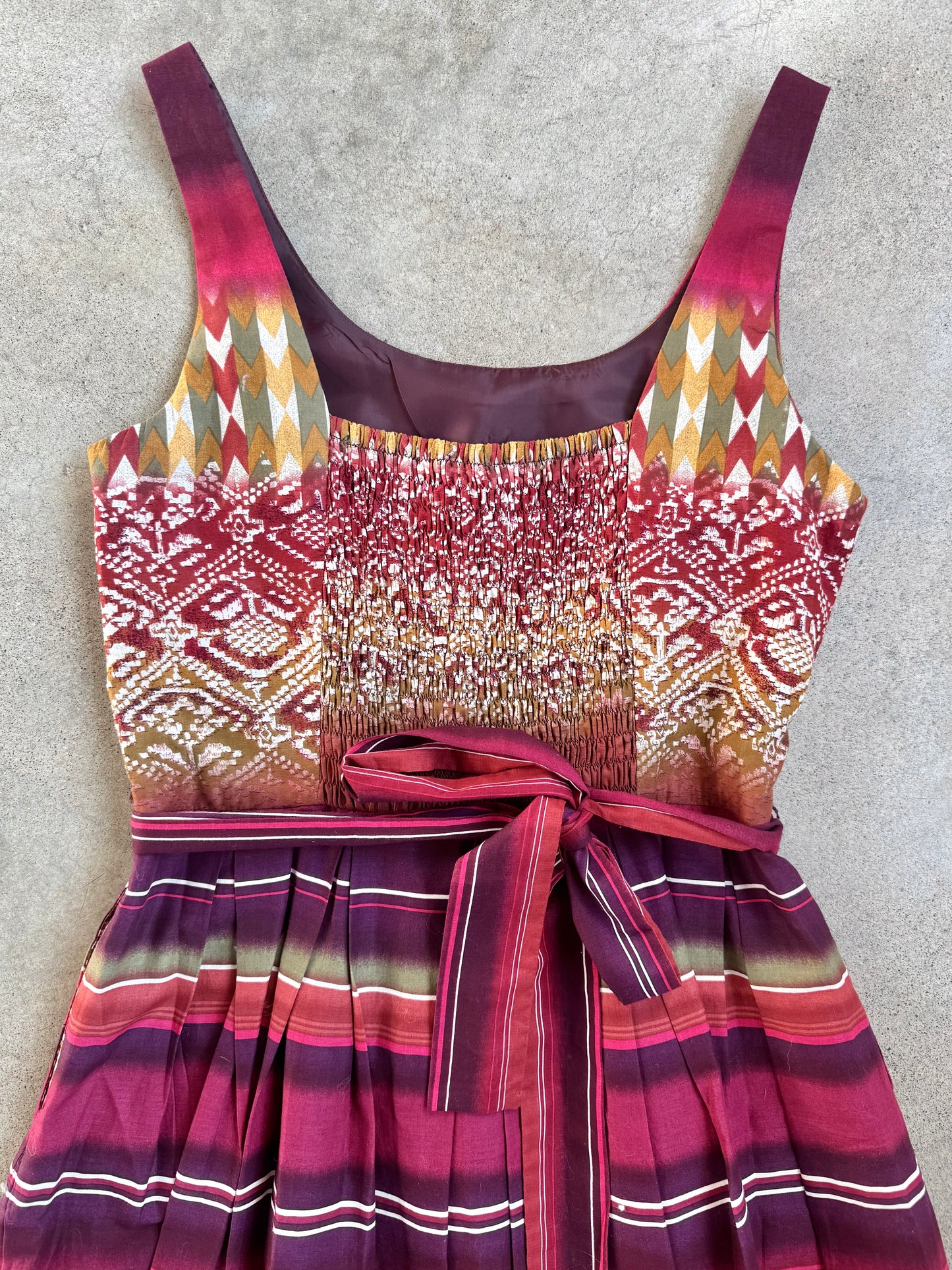 2000s K Studio Southwestern Tie-Waist Pleated Cotton Dress | M/L