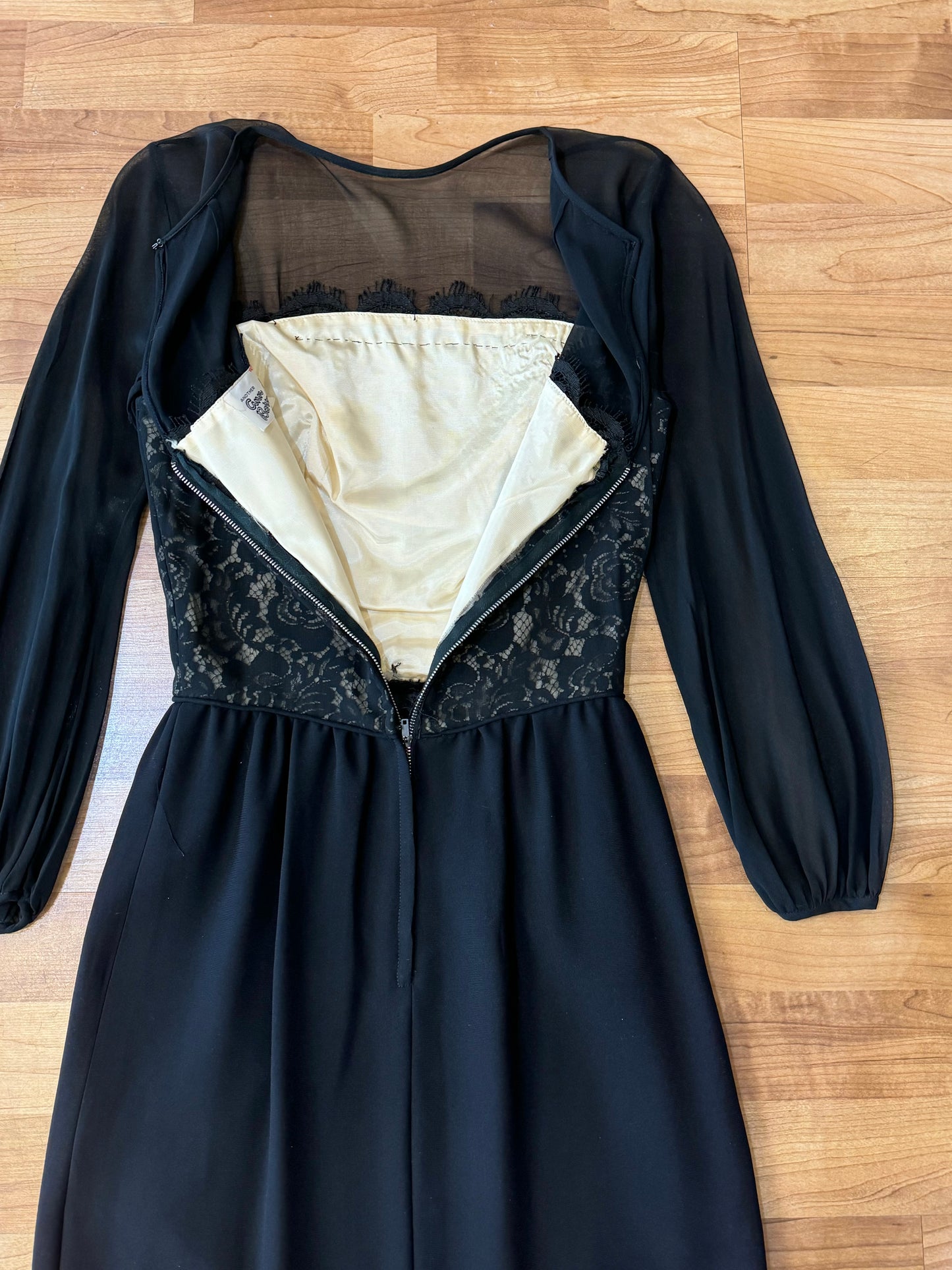 Vintage 1950s Black Chiffon & Lace Cocktail Dress | XS