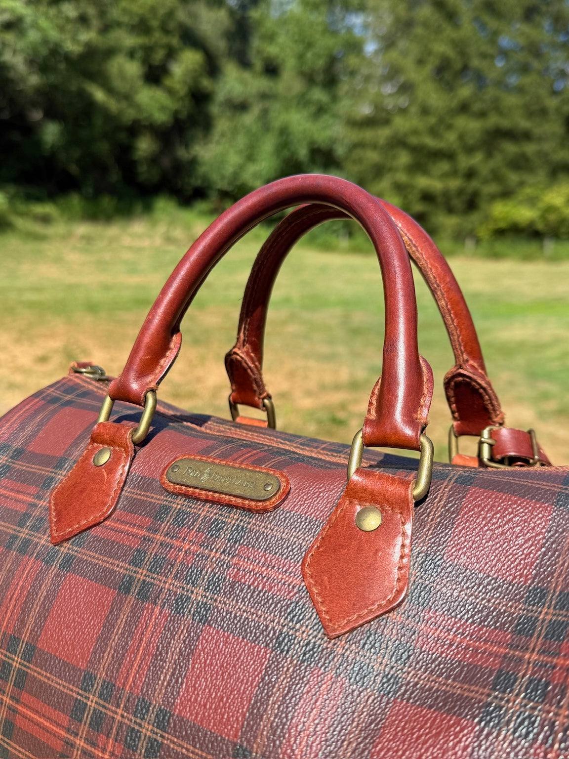 Vintage 1990s Polo Ralph Lauren Brown-Tone Plaid Leather Top Handle Bag
