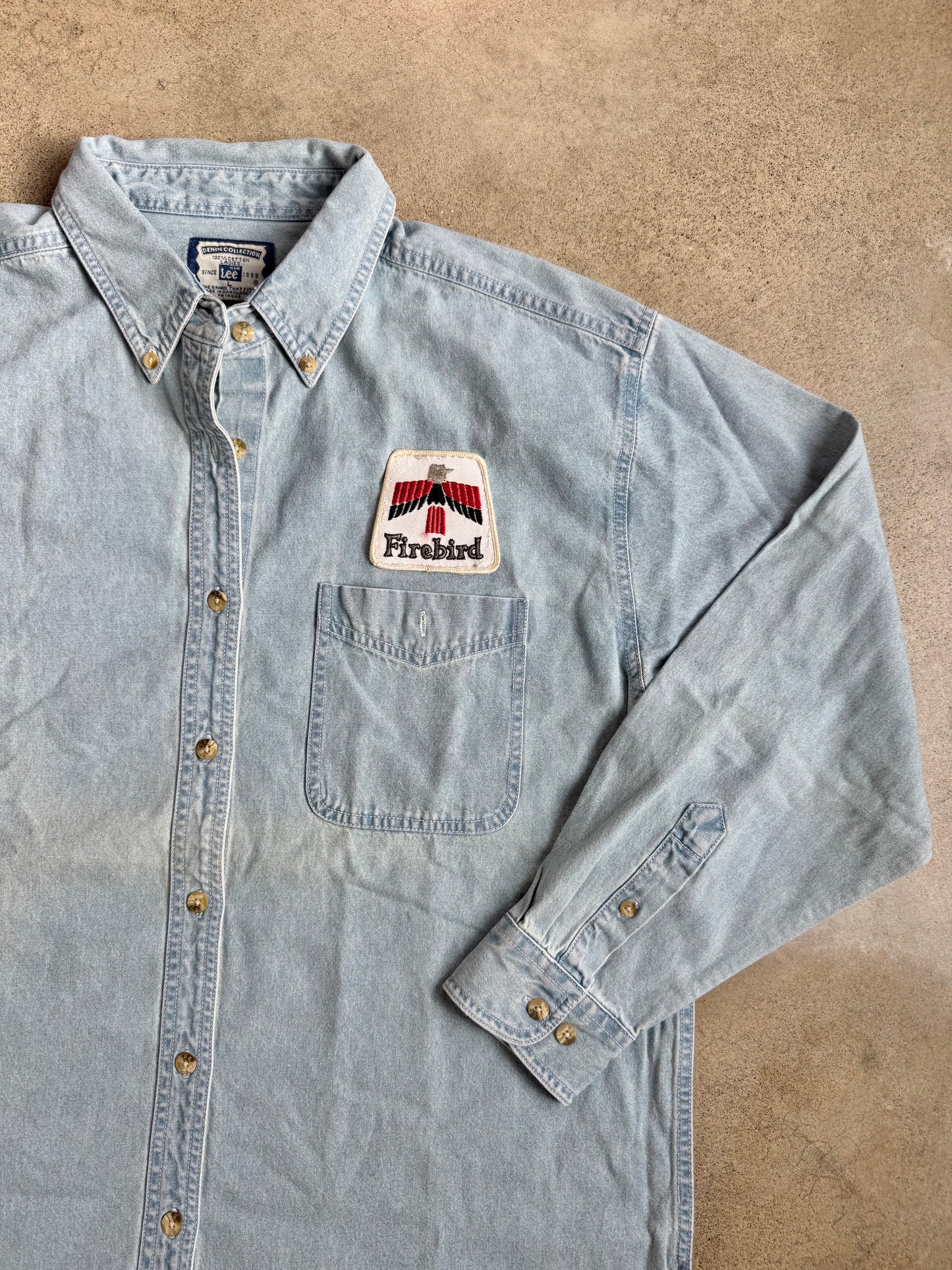 Vintage 1990s Lee Light Wash Denim Shirt w/ Firebird Patch | Large