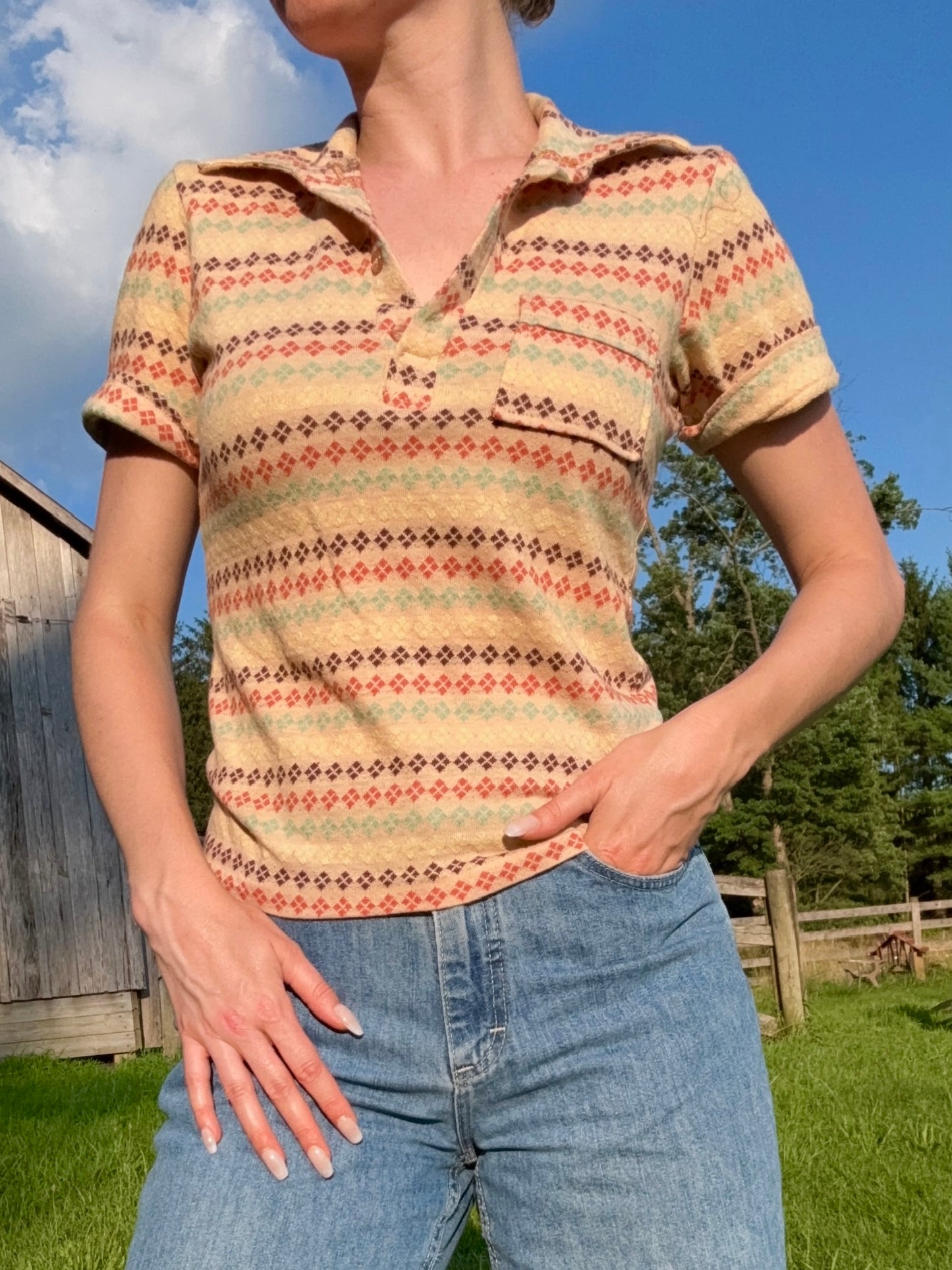 Vintage 1960s Chess King Diamond Pattern Knit Polo Shirt | XS/S
