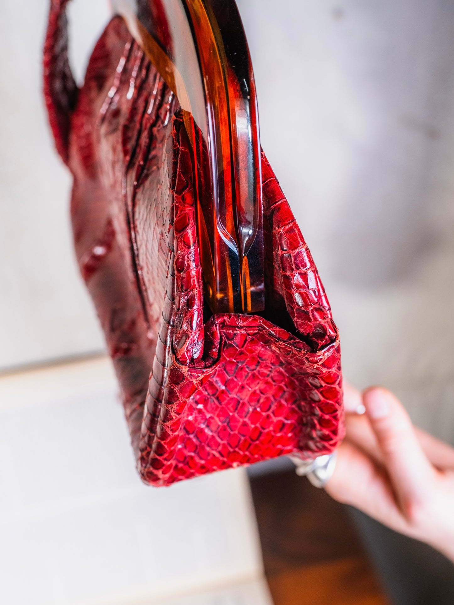 Vintage 1940s Deitsch Red Genuine Snakeskin & Bakelite Handle Bag