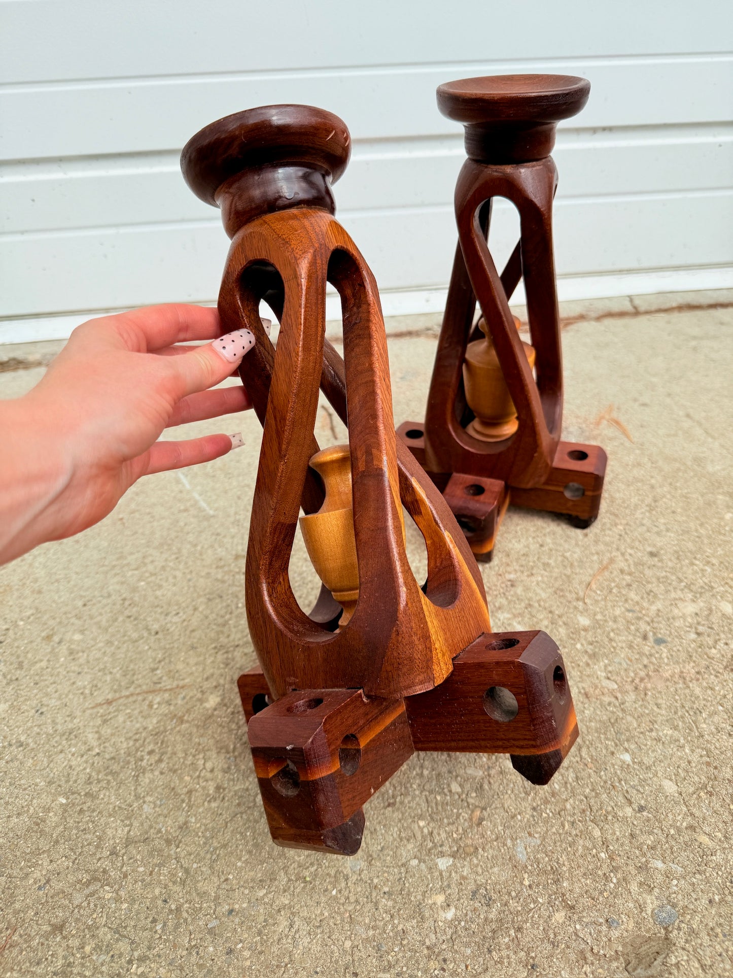 Vintage 1960s Hand-Carved Wood Spiral Candlestick Holders | Set of 2