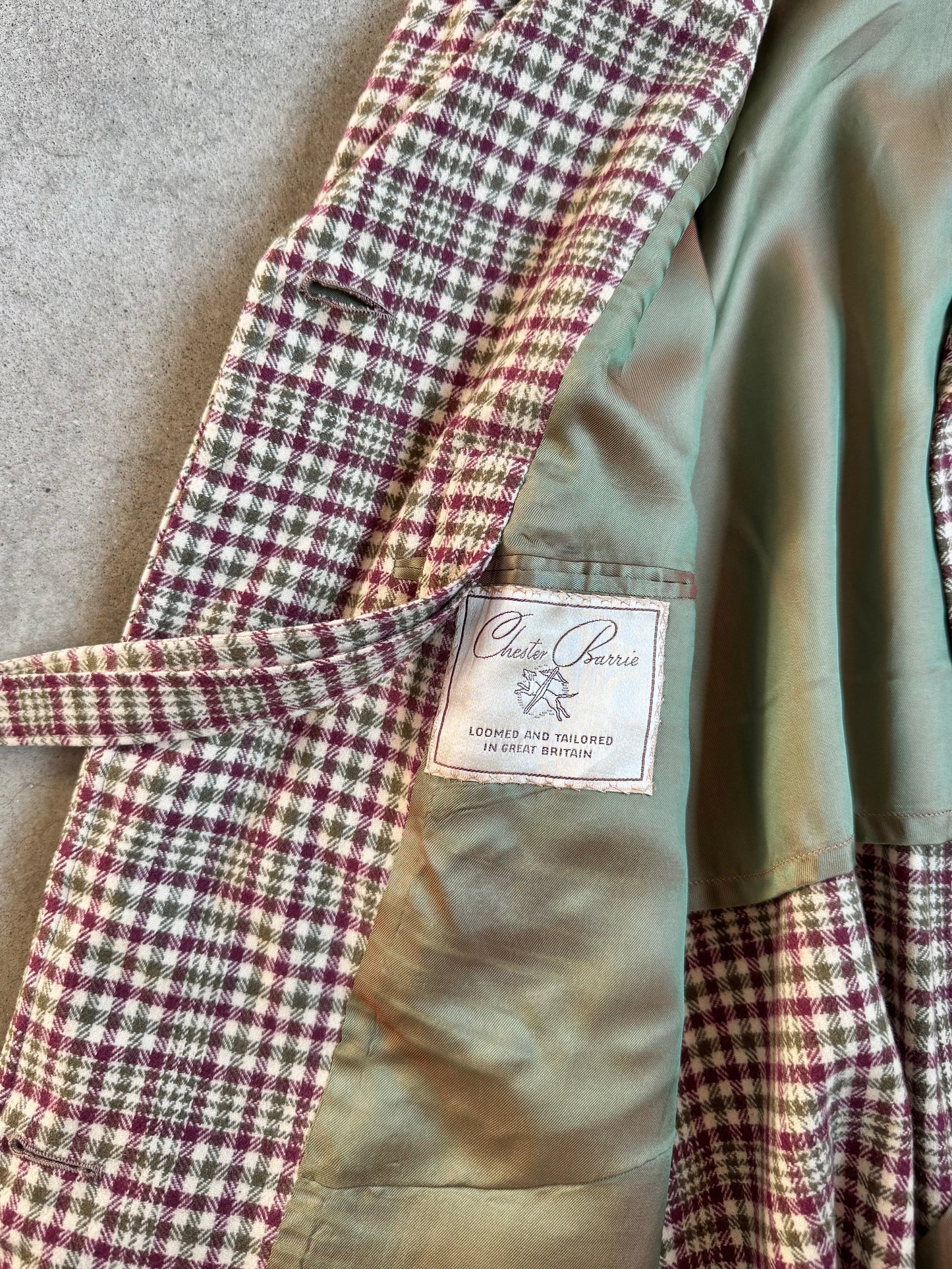 Vintage 1950s Chester Barrie Burgundy & Green Plaid Short Wool Overcoat | L/XL