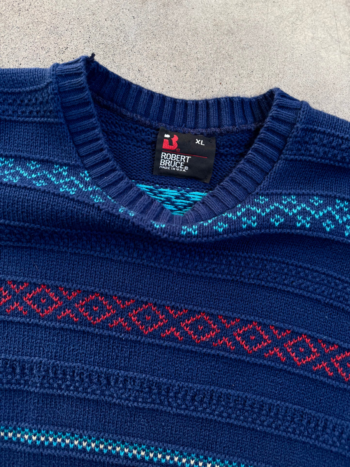 Vintage 1980s Robert Bruce Blue Patterned Cotton Knit Crewneck Sweater | XL