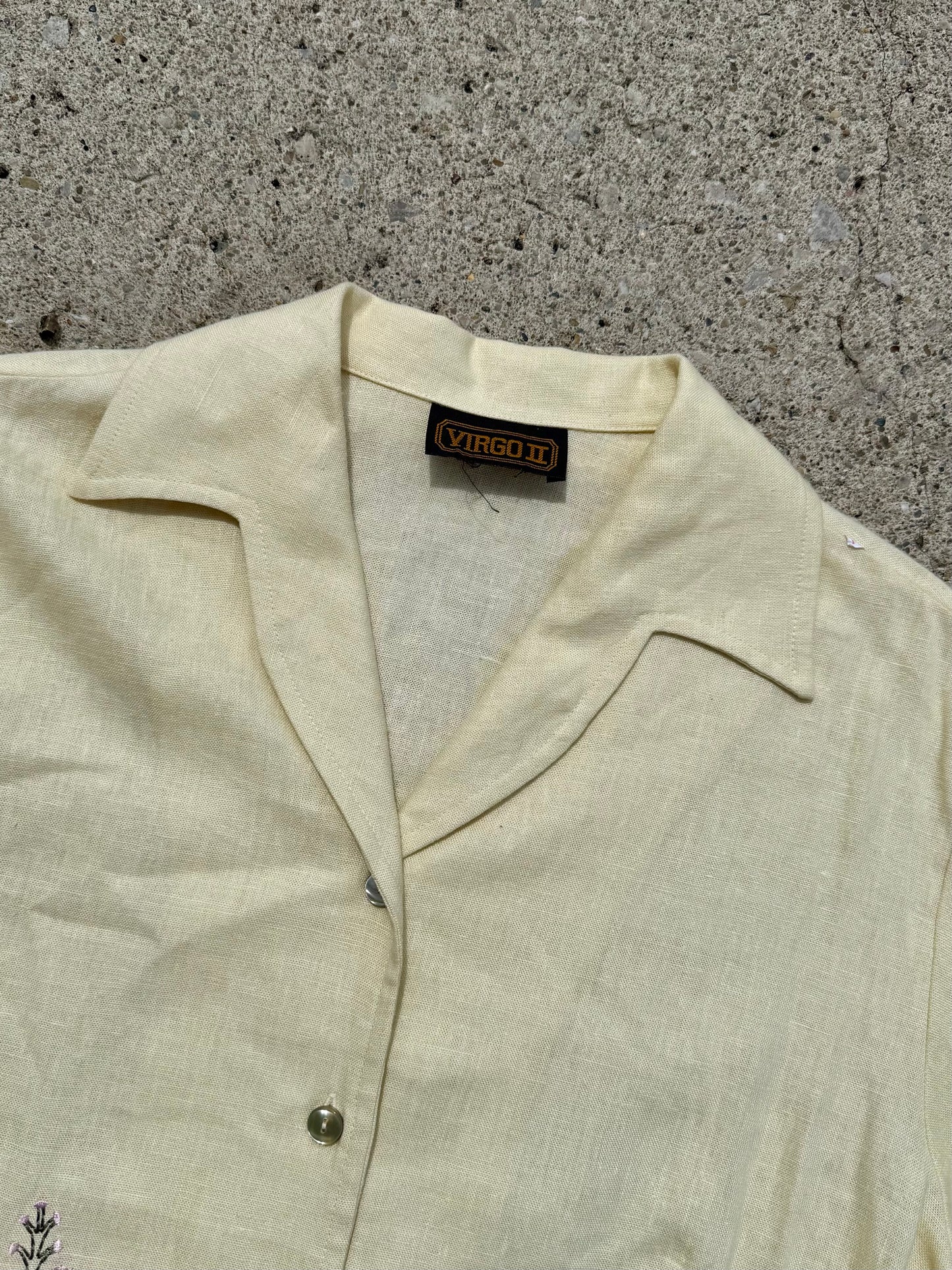Vintage 1980s Virgo II Yellow Floral Embroidered Linen Blouse | Large