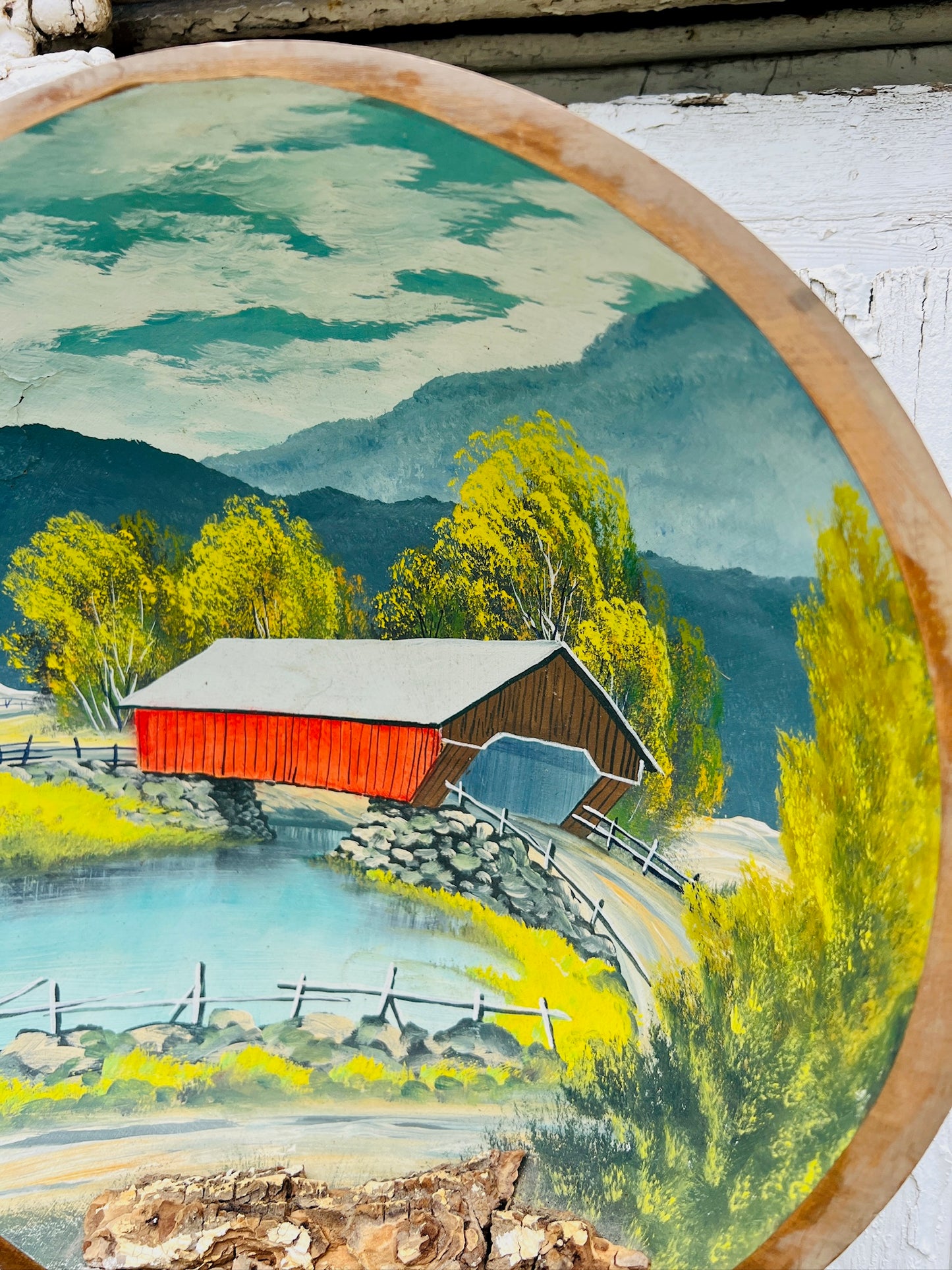 Vintage 1960s Hand Painted Barn Landscape Dough Bowl Wall Art