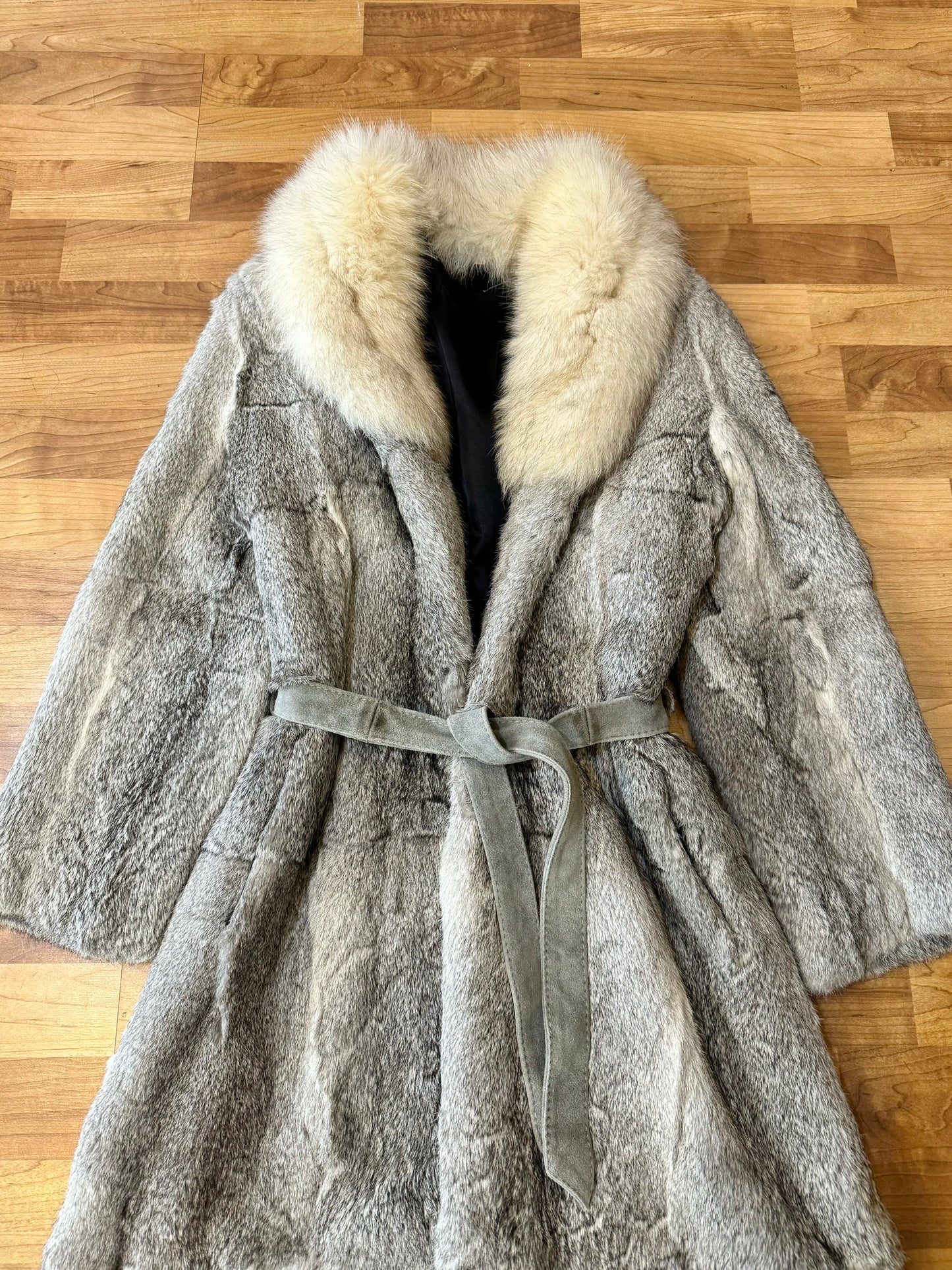 Vintage Grey Rabbit Fur Tie Waist Coat | Medium