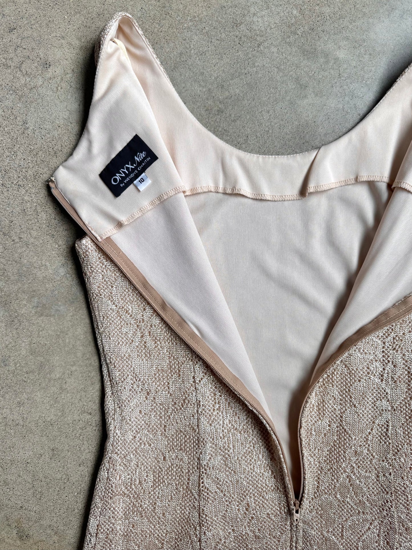 Vintage 1990s Onyx Nite Cream & Gold Metallic Crochet Dress | Medium