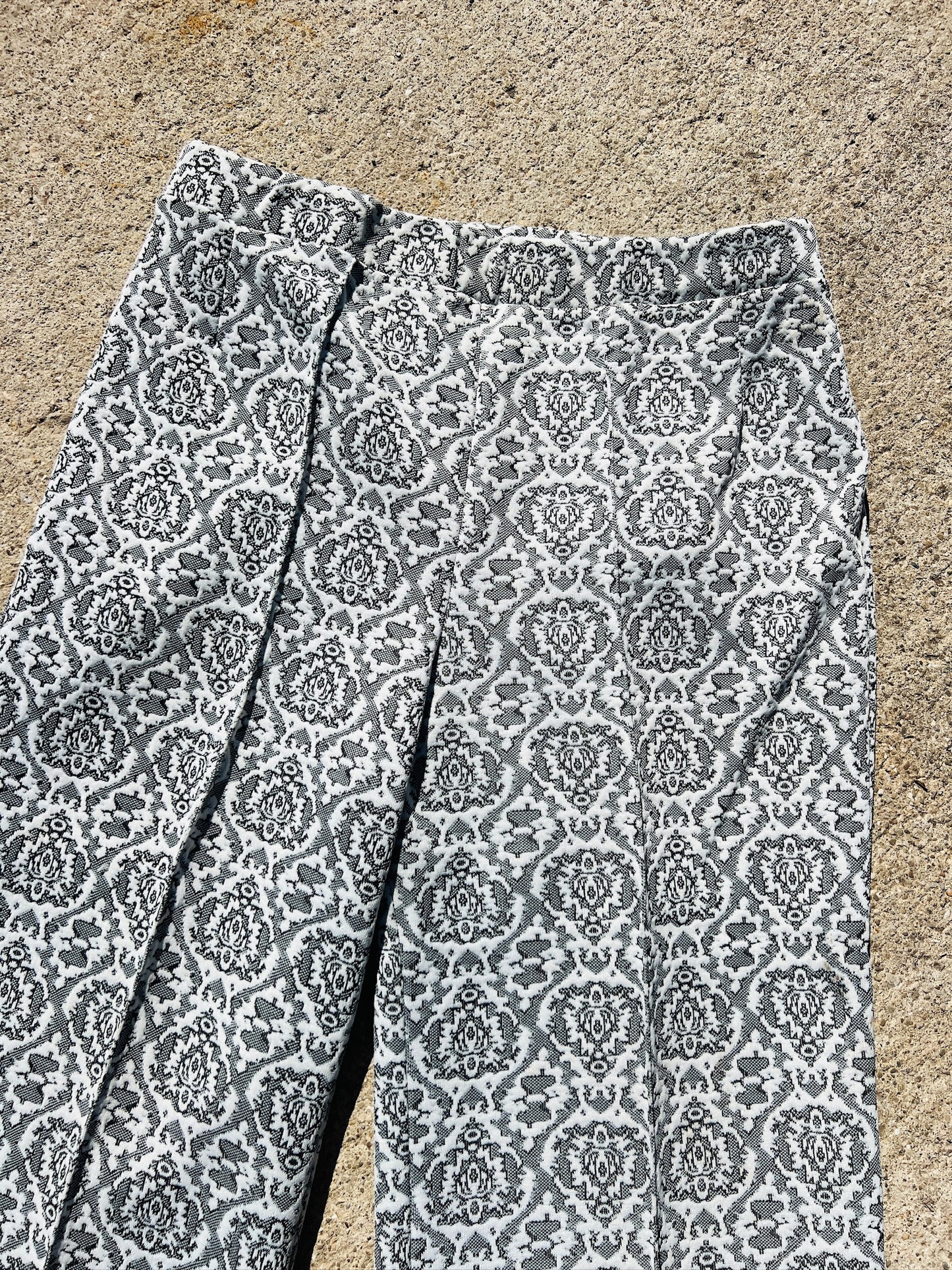 Vintage 1960s Black & White Damask Wide Leg Pants | Large
