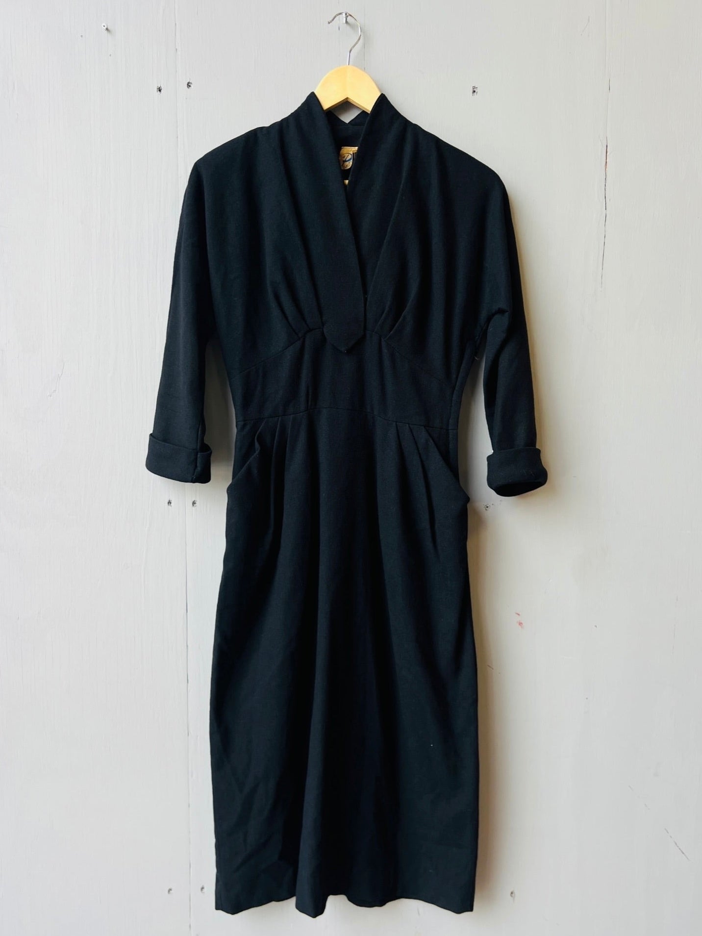 Vintage 1950s Pomette Black Wool Fitted Cocktail Dress | Small