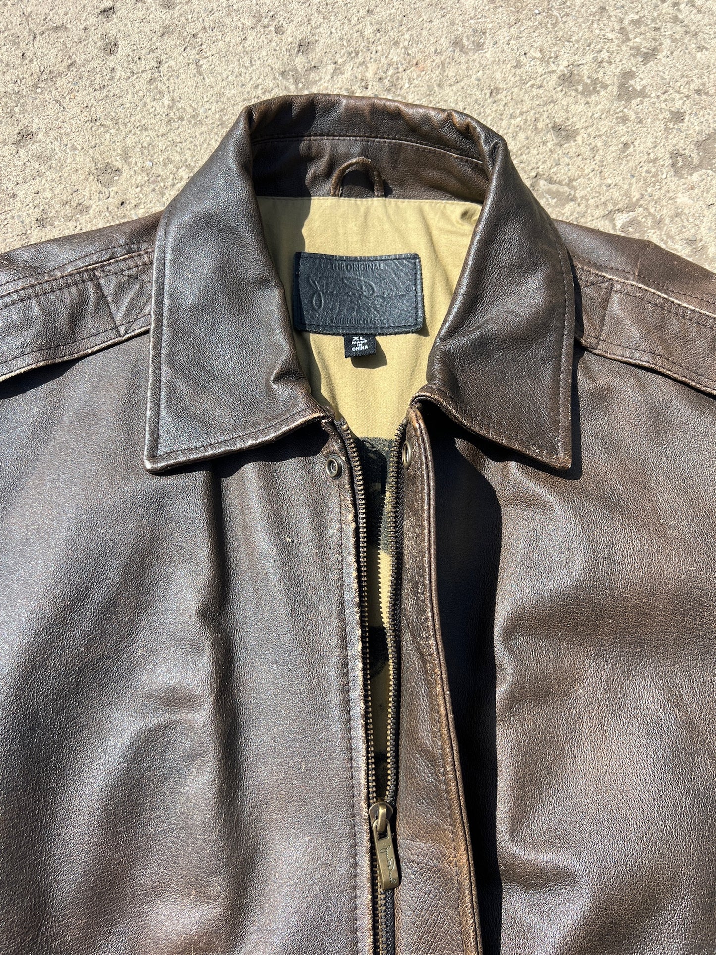 Vintage 1990s James Dean Brown Leather Bomber Jacket | XL
