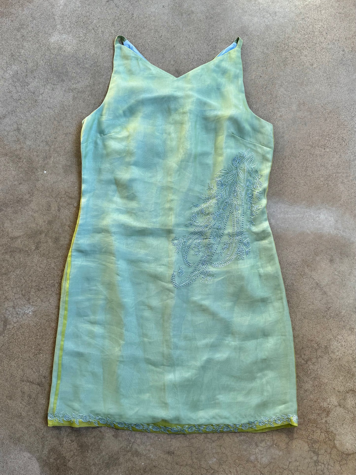 Vintage 1990s Express Green & Blue Paisley Embroidered Silk Mini Dress | M/L