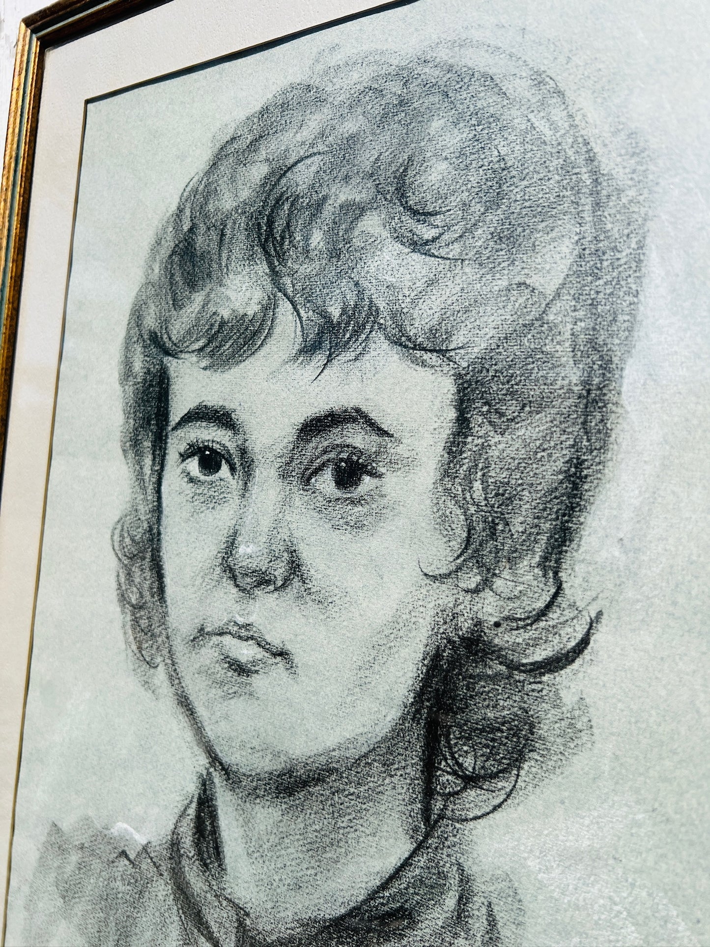 Vintage 1970s Framed Black & White Parisian "Portrait of a Girl" Drawing