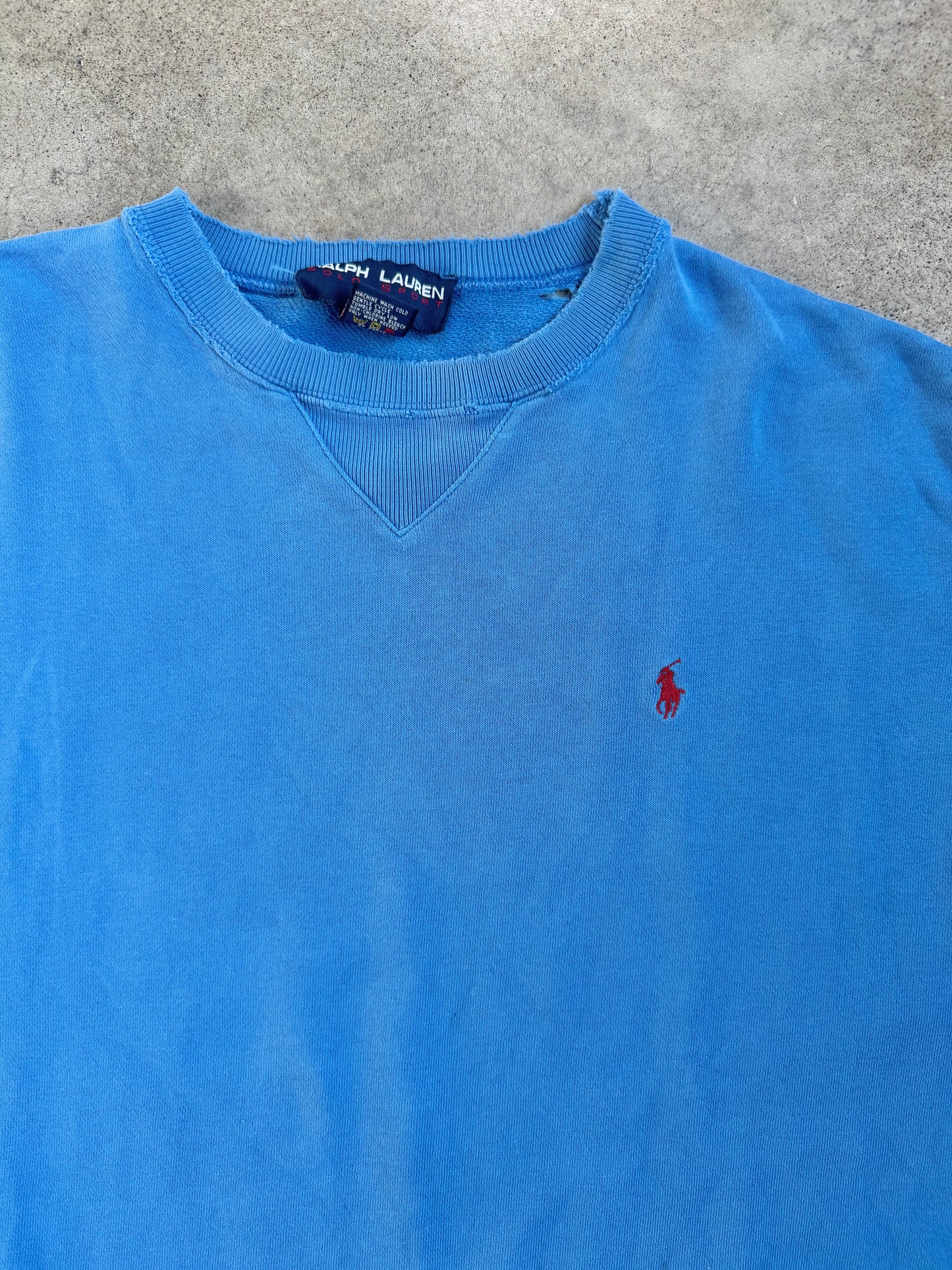 Vintage 1990s Polo Ralph Lauren Blue Distressed Crewneck Sweatshirt | Large