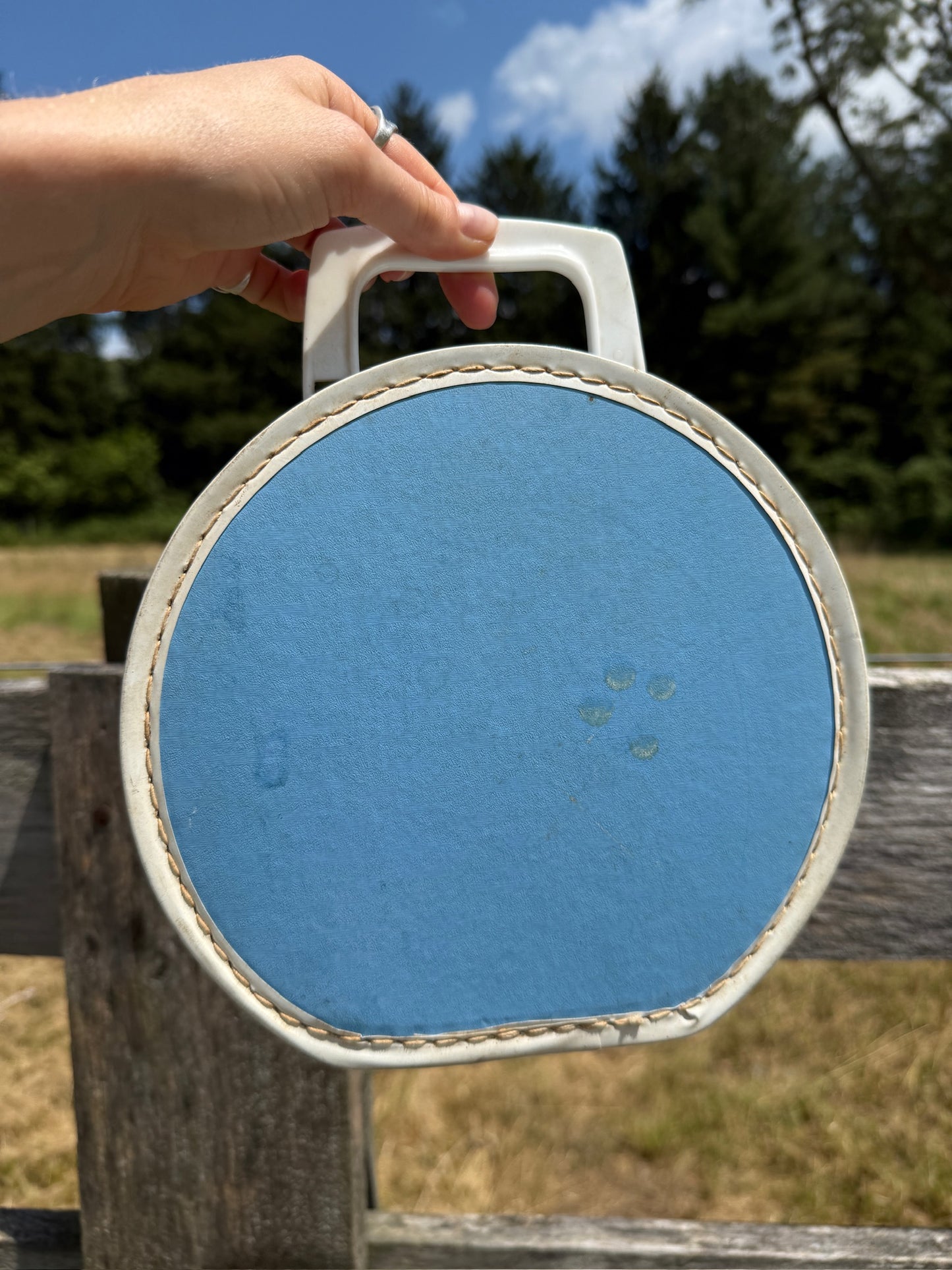 Vintage 1950s Felt Camel Patch Blue Top Handle Box Purse