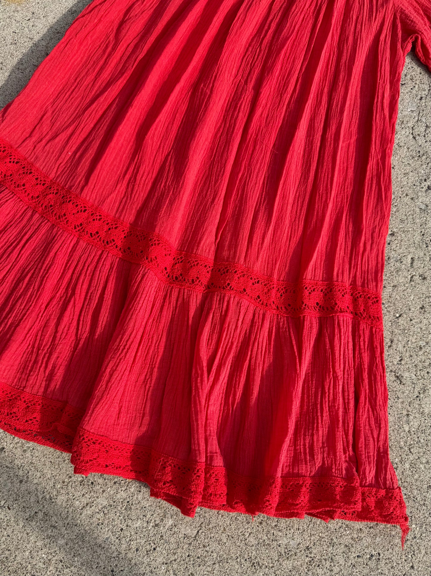 Vintage 1970s Red Crochet Trim Cotton Gauze Dress | Medium