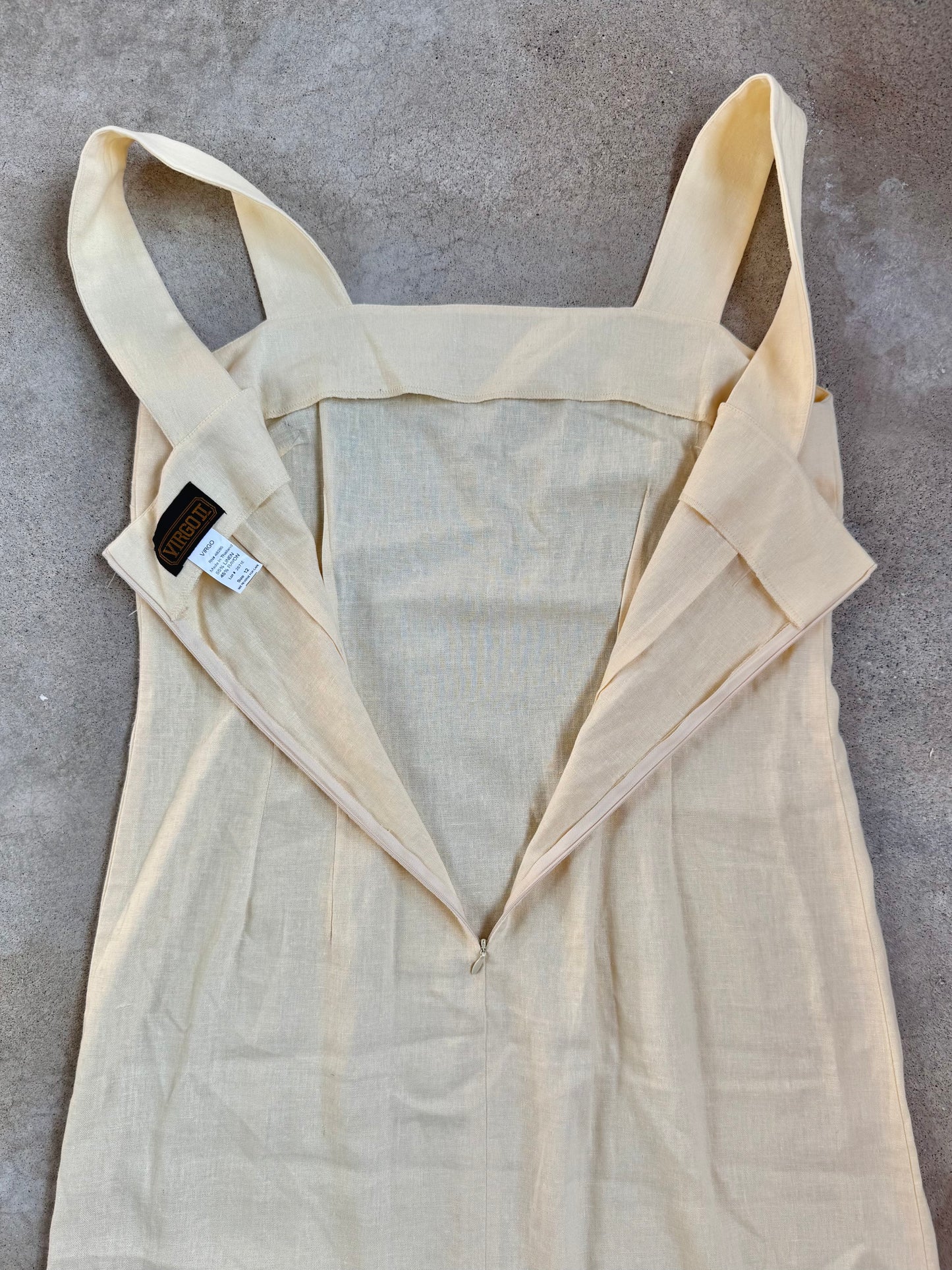 Vintage 1980s Virgo II Yellow Floral Embroidered Linen Maxi Dress | Large