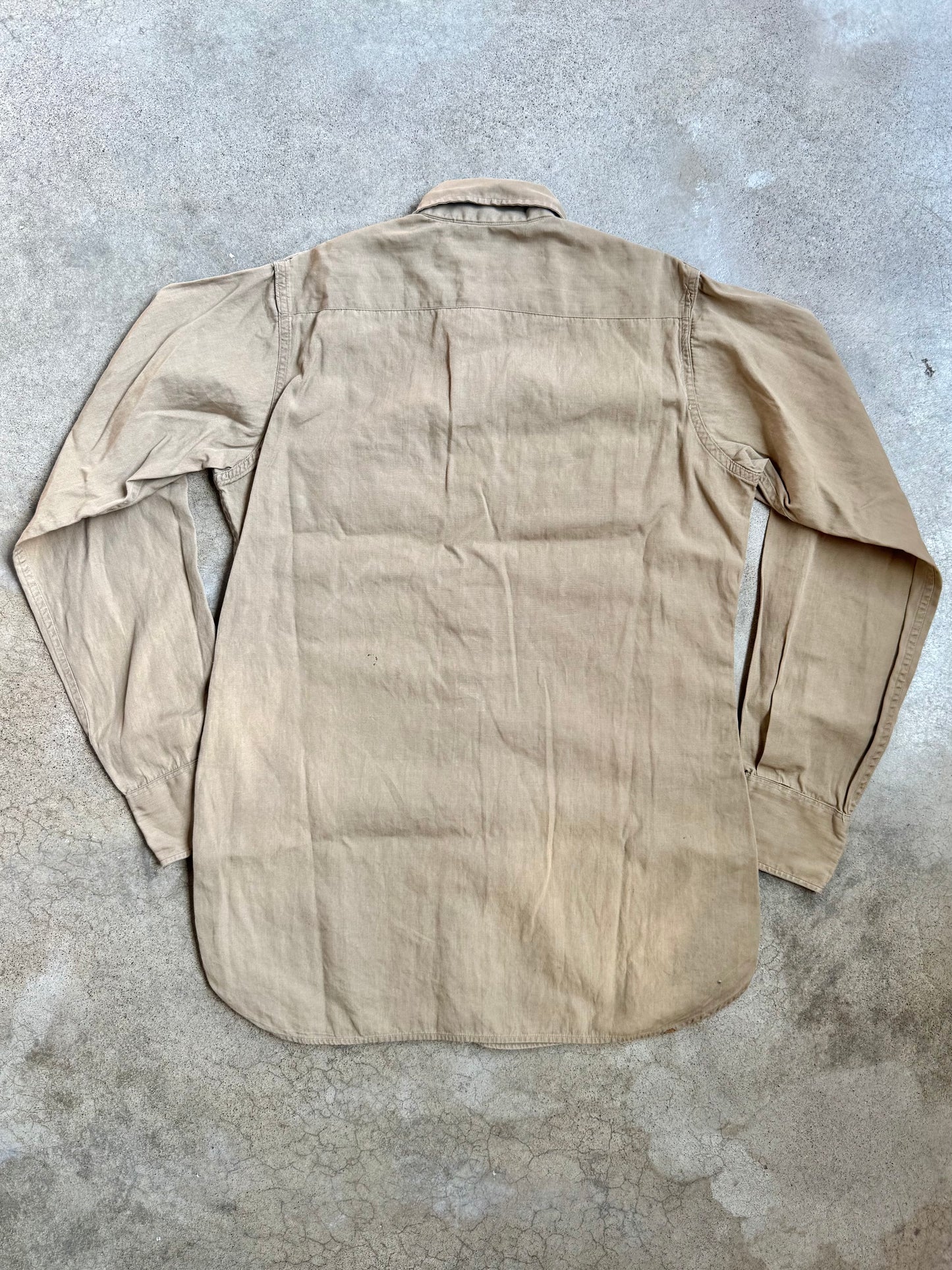 Vintage 1940s Military Issue Khaki Poplin Utility Shirt w/ Fishing Patches | Small