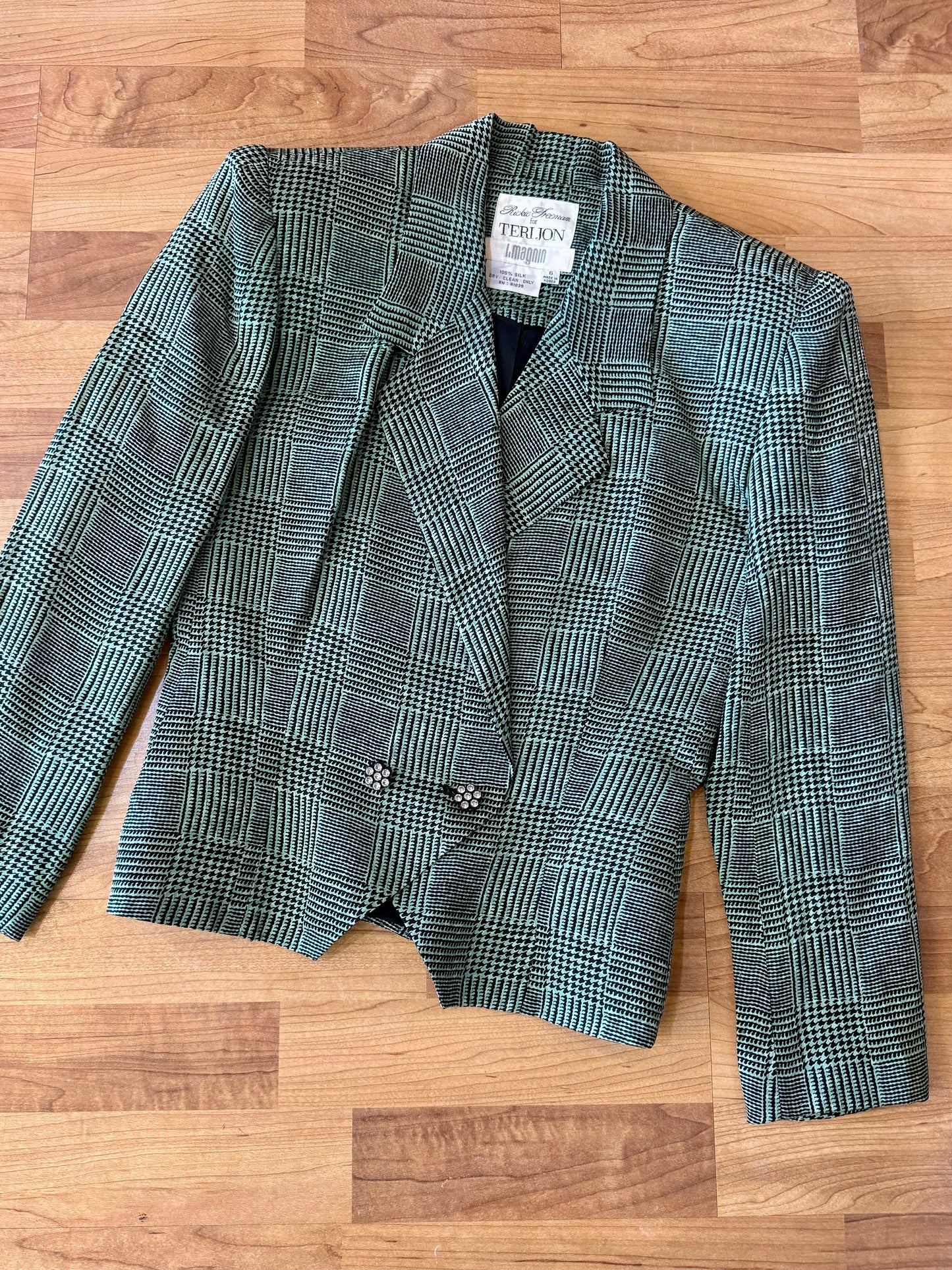 Vintage 1980s Teri Jon Mint Green Patterned Silk Blazer | Small