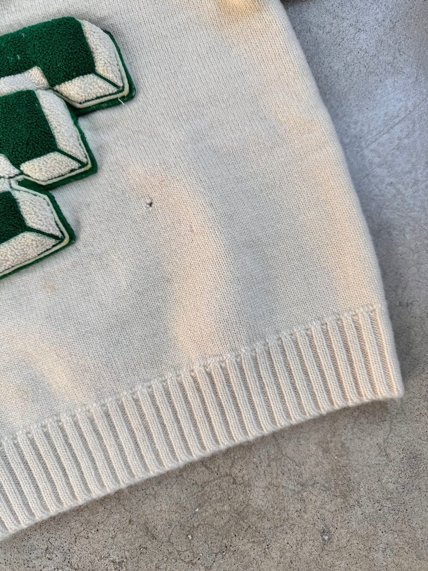 Vintage 1960s Dehen Knitting Co. Wool "F" Patch Cheer Sweater | XS