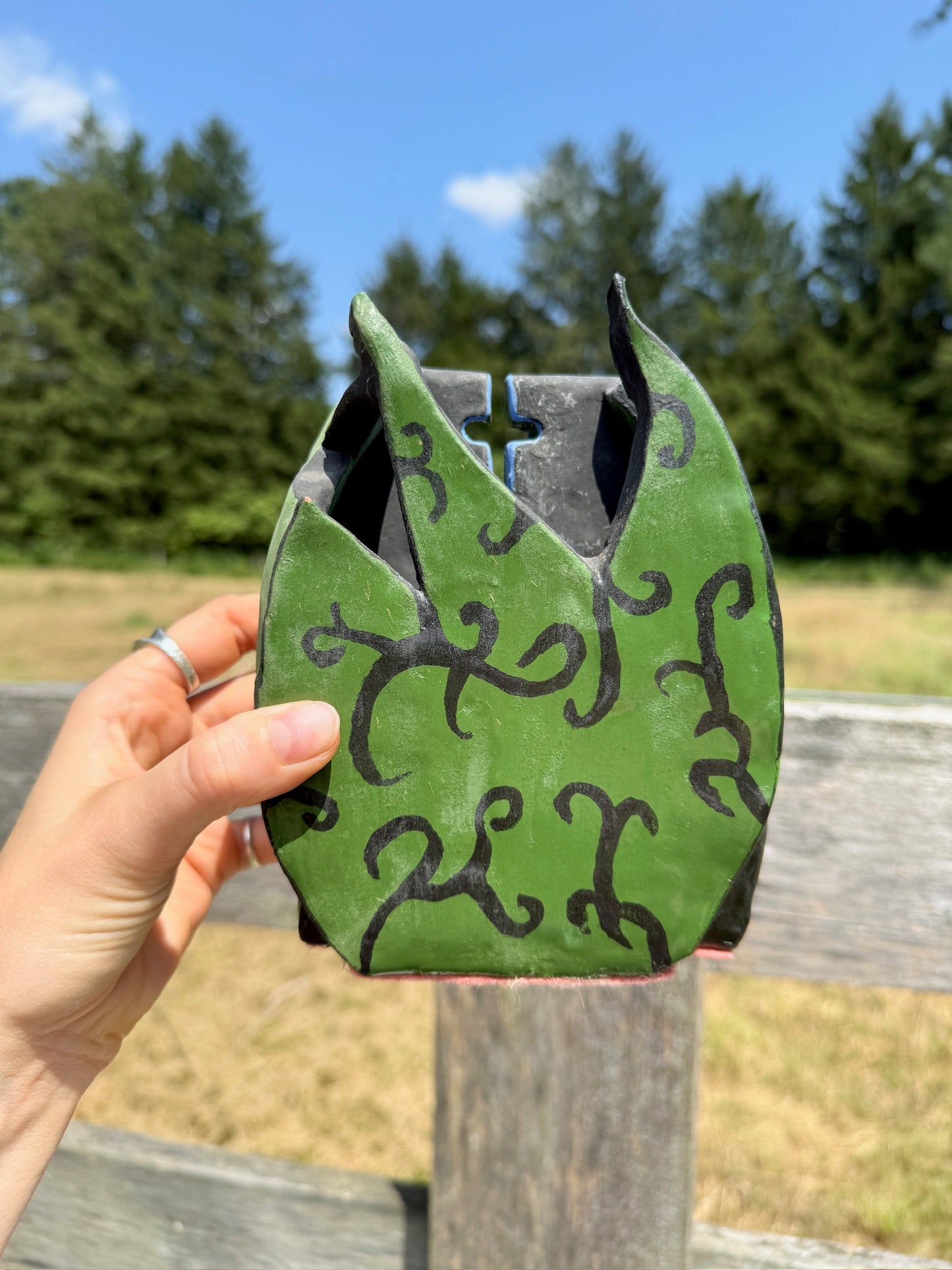Vintage 1970s Ceramic Hand-Painted Green Leaf Wall Pocket