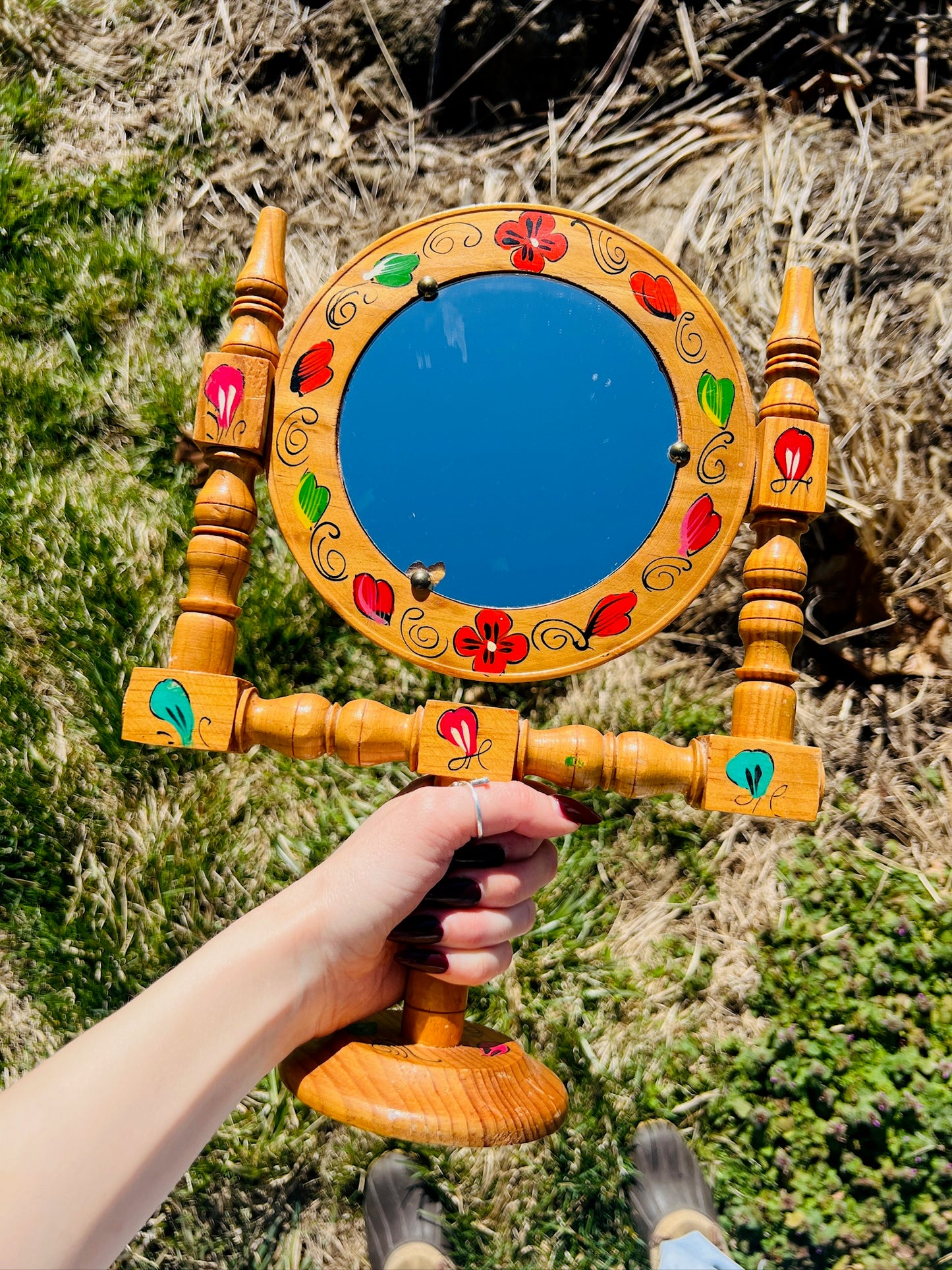 Wood Carved Mexico Painted Folk Art Vanity Mirror