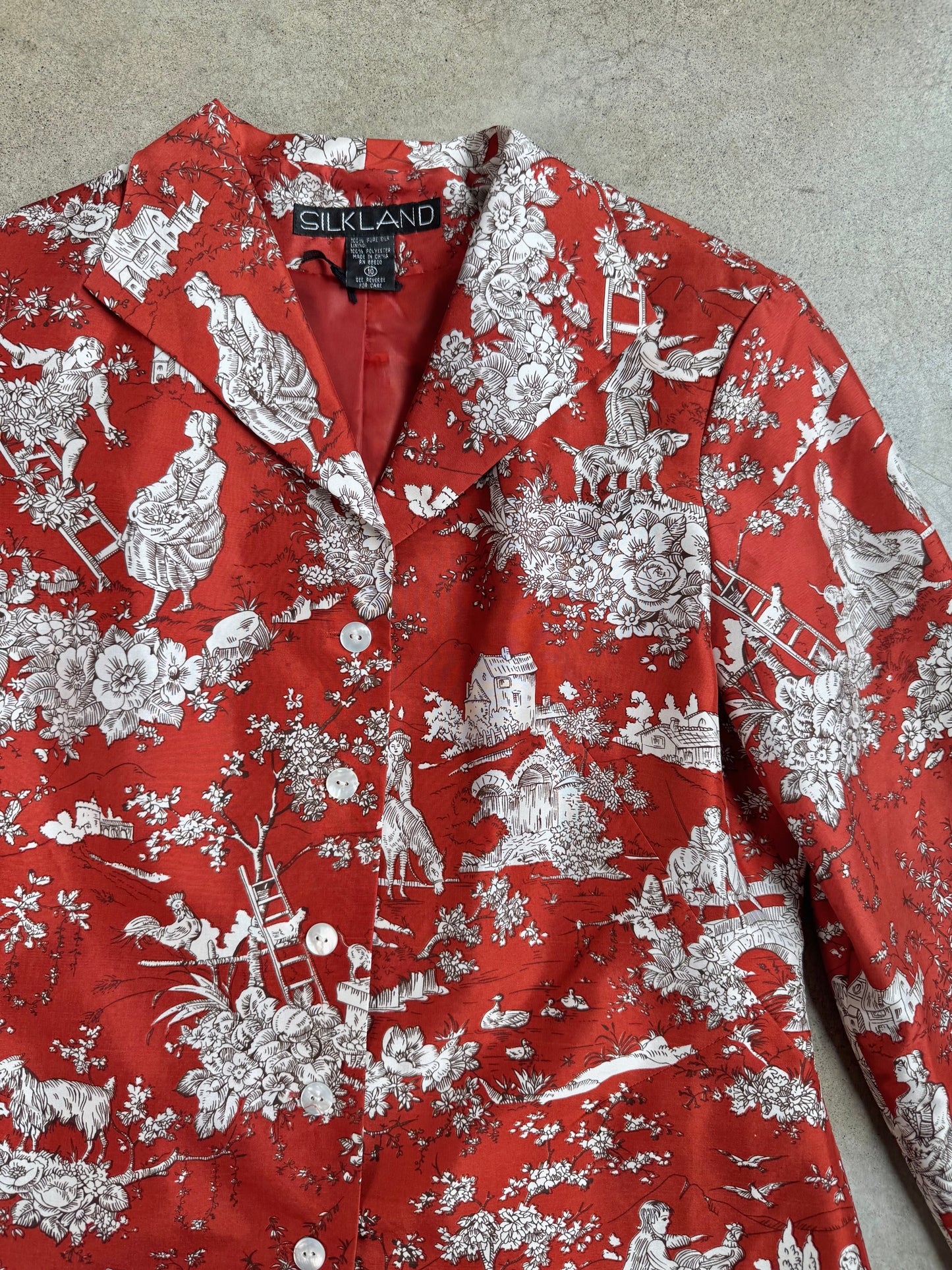 Vintage 1990s Silkland Red Toile Print Silk Blazer | Medium