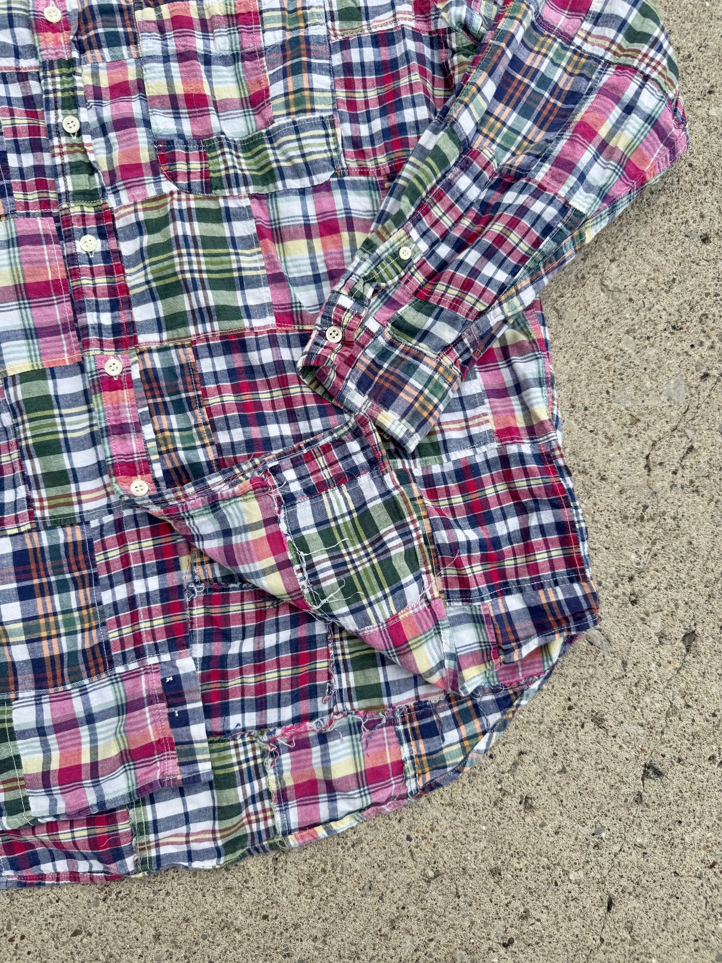 Vintage 1990s J. Crew Plaid Patchwork Button-Down Shirt | Large