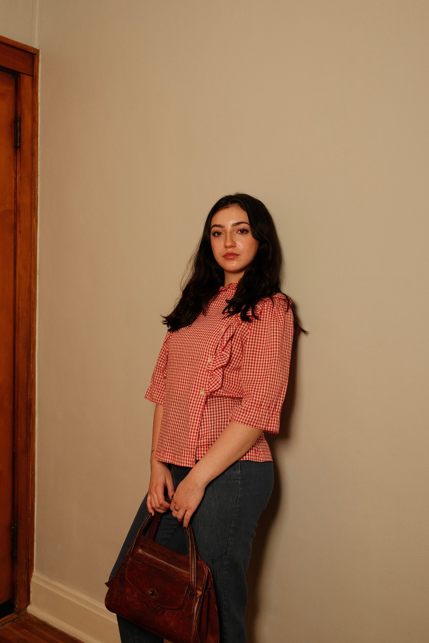 Vintage 1970s Cal Togs Red Gingham Ruffle Blouse | S/M