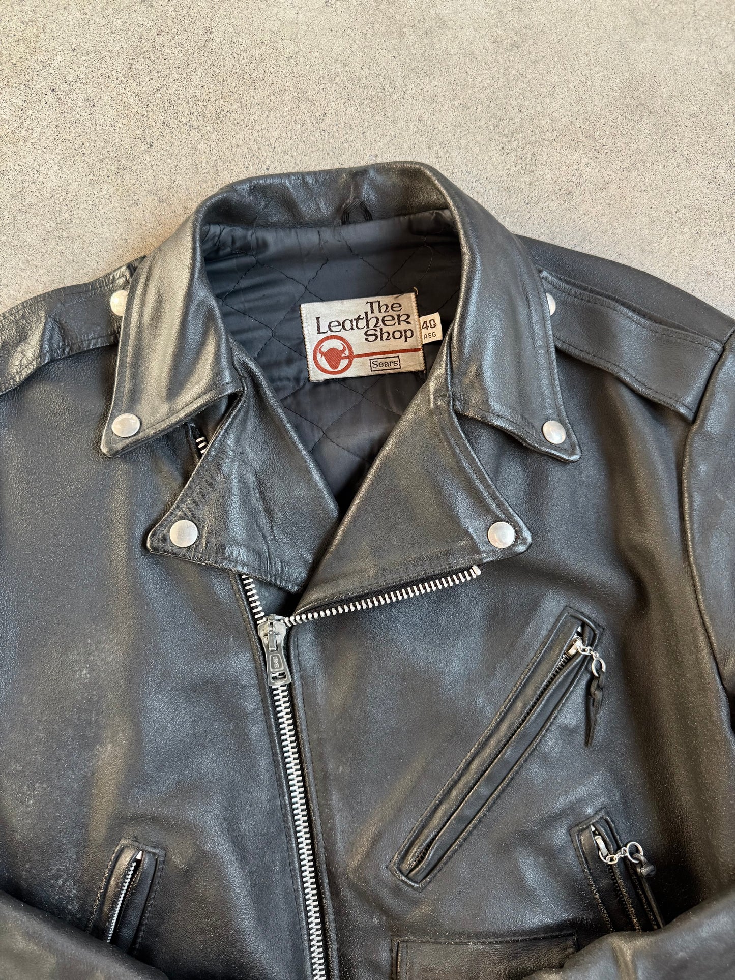 Vintage 1970s Sears Black Leather Fringe Biker Jacket | 40R