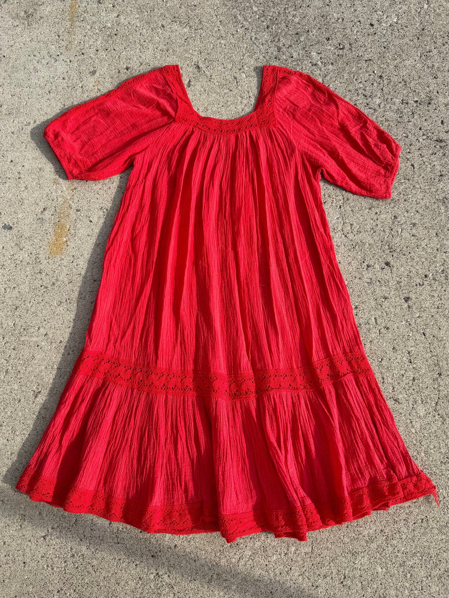 Vintage 1970s Red Crochet Trim Cotton Gauze Dress | Medium