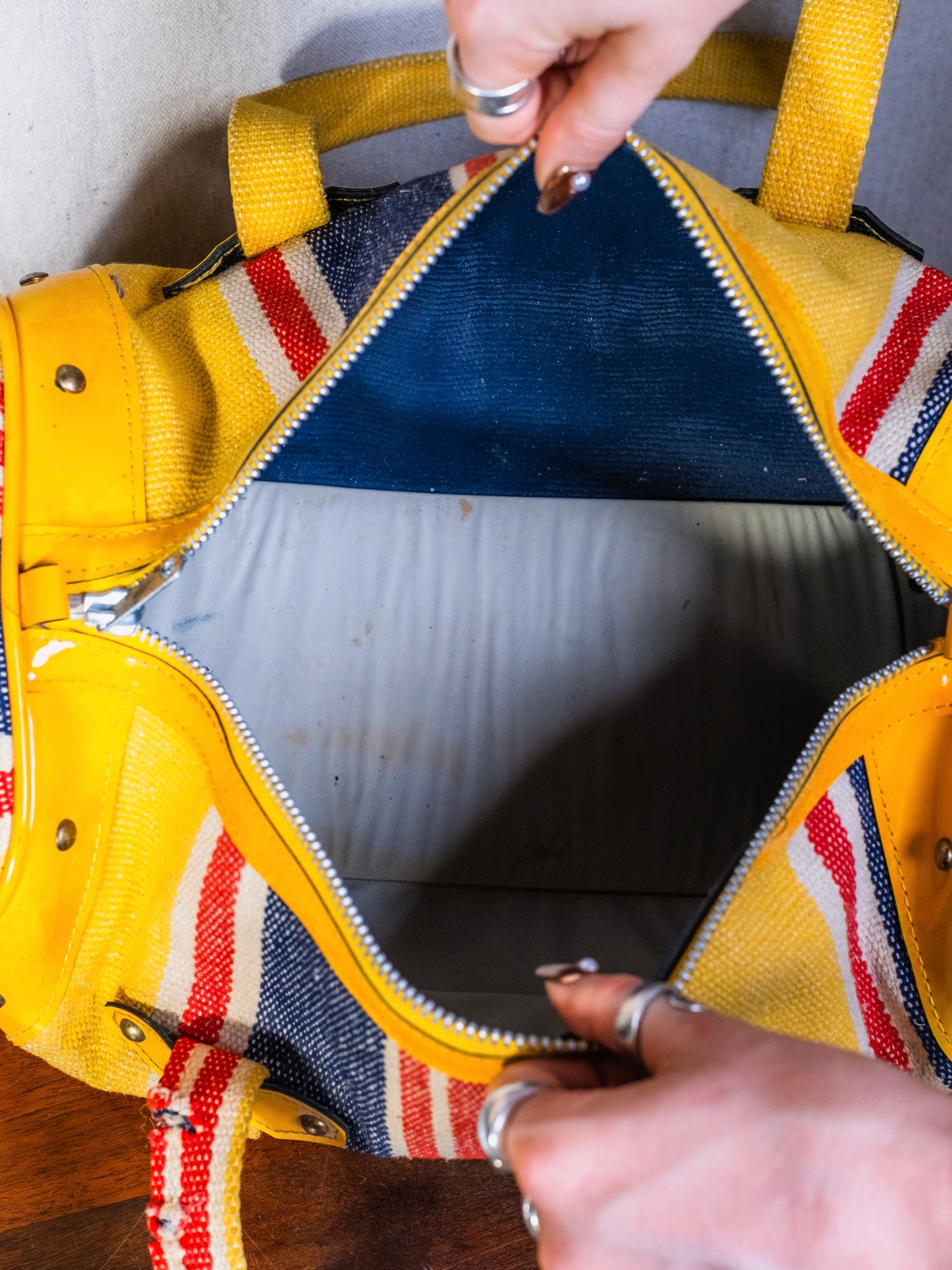 Vintage 1960s/70s Yellow & Red Striped Woven Duffel Bag