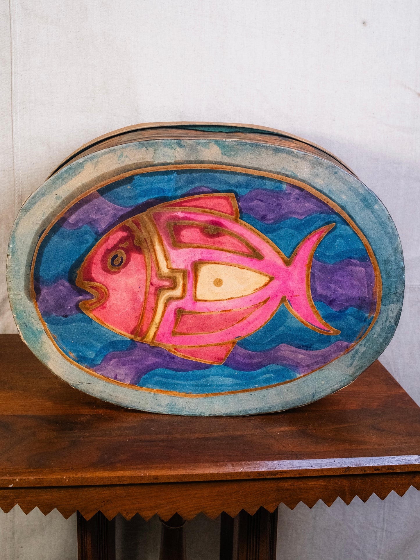 Vintage Folk Art Fish Hand-Painted Large Oval Box