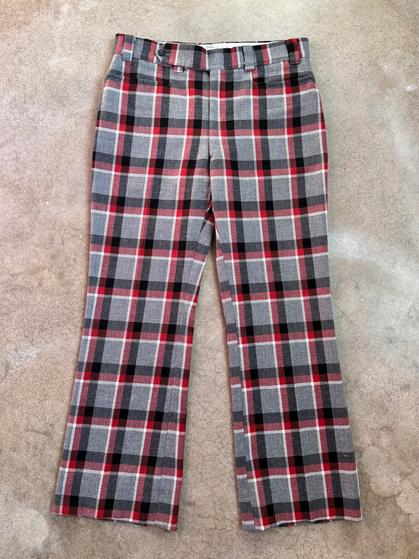 Vintage 1960s Red & Grey Plaid Wool Wide Leg Trousers | Waist 36”