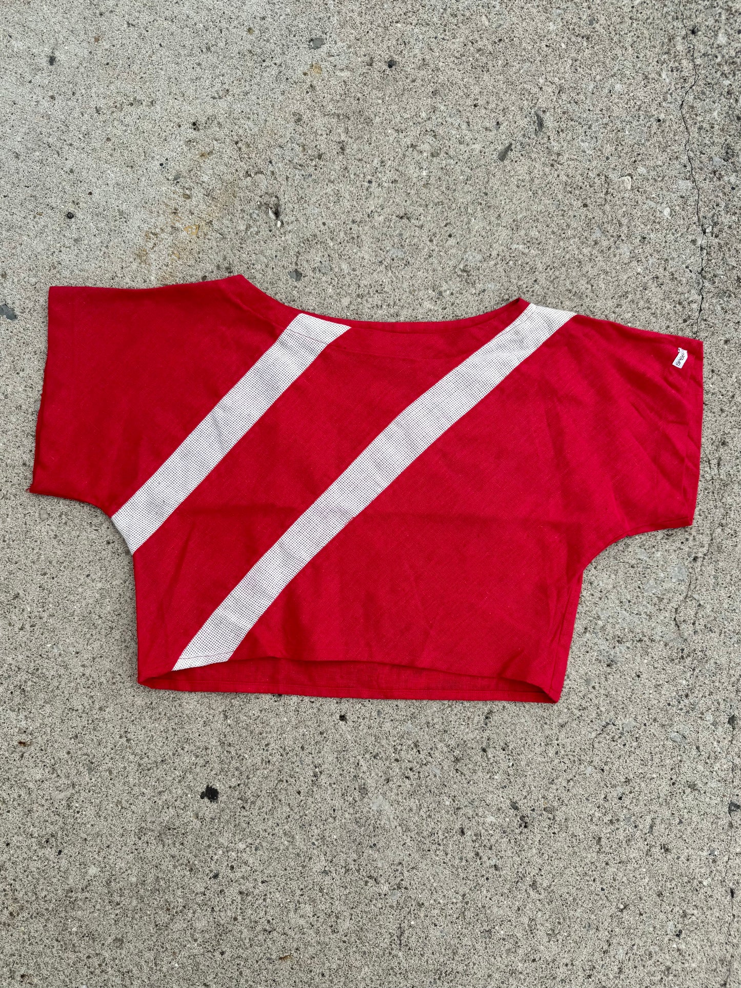 Vintage 1980s Sasson Red & Cream Cropped Linen Blouse | Large
