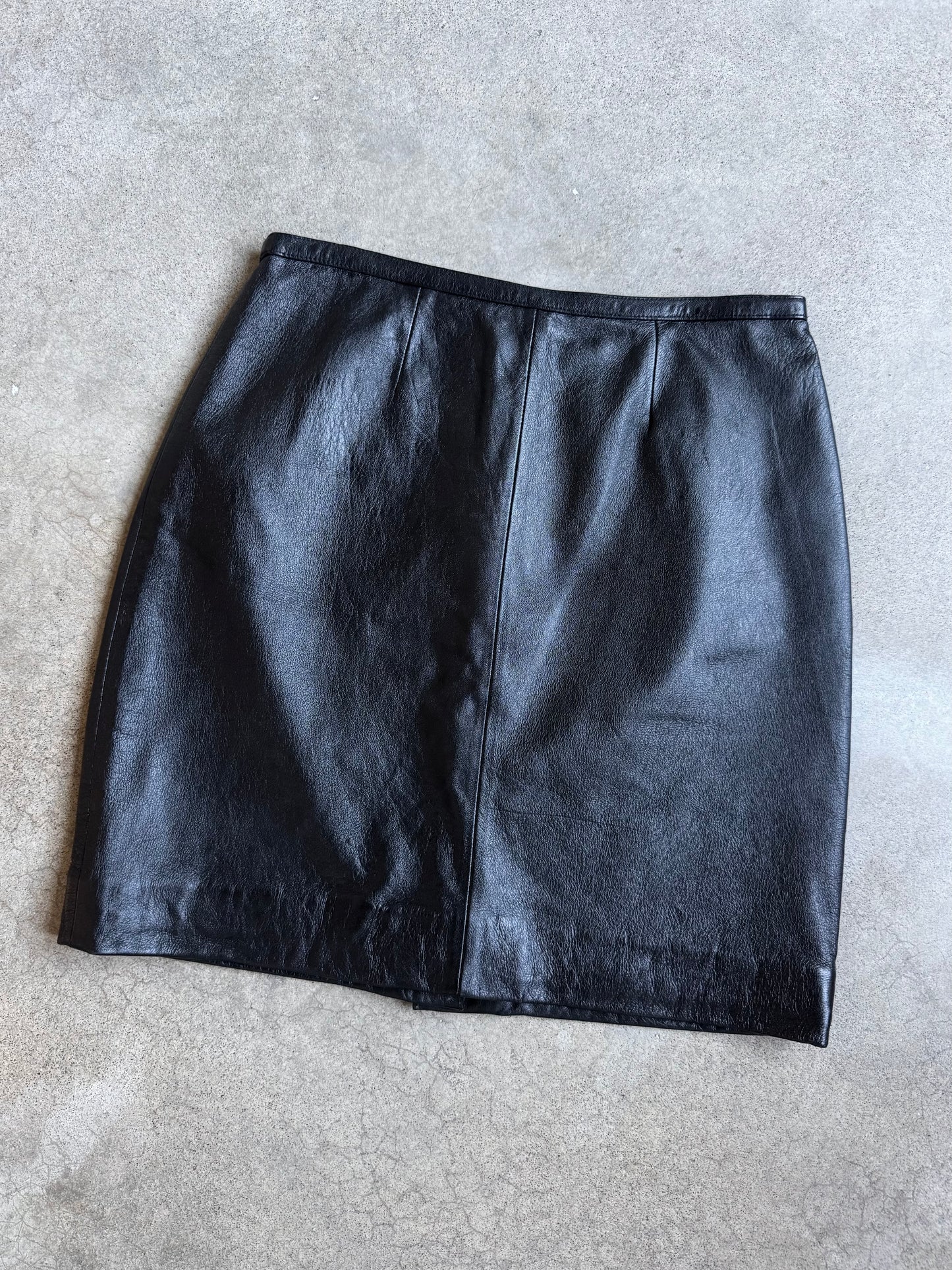 Vintage 1990s Mixit Black Leather Mini Skirt | Waist 30”