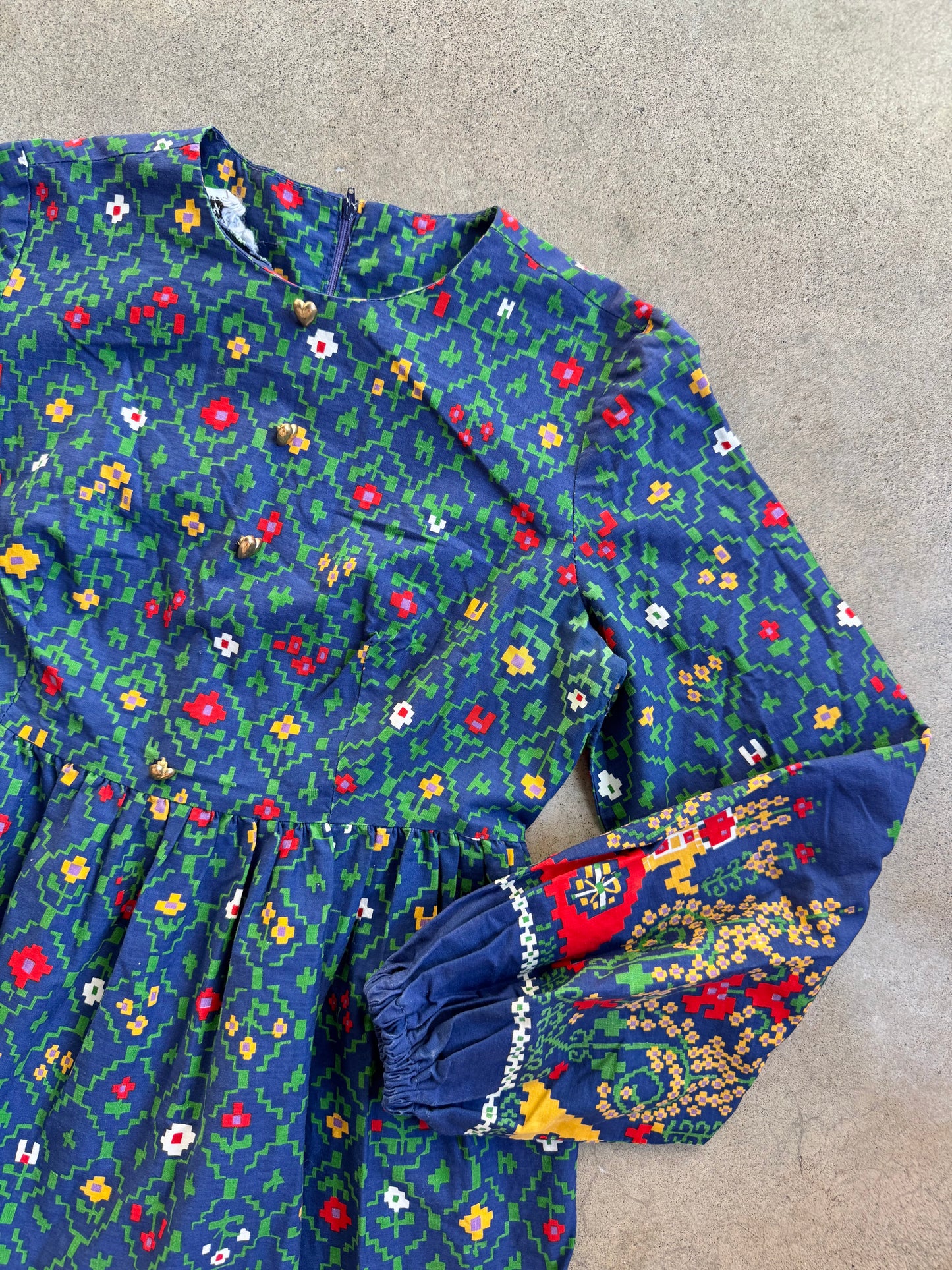 Vintage 1960s Nancy B California Pixelated Floral Long Sleeve Mini Dress | XS/S