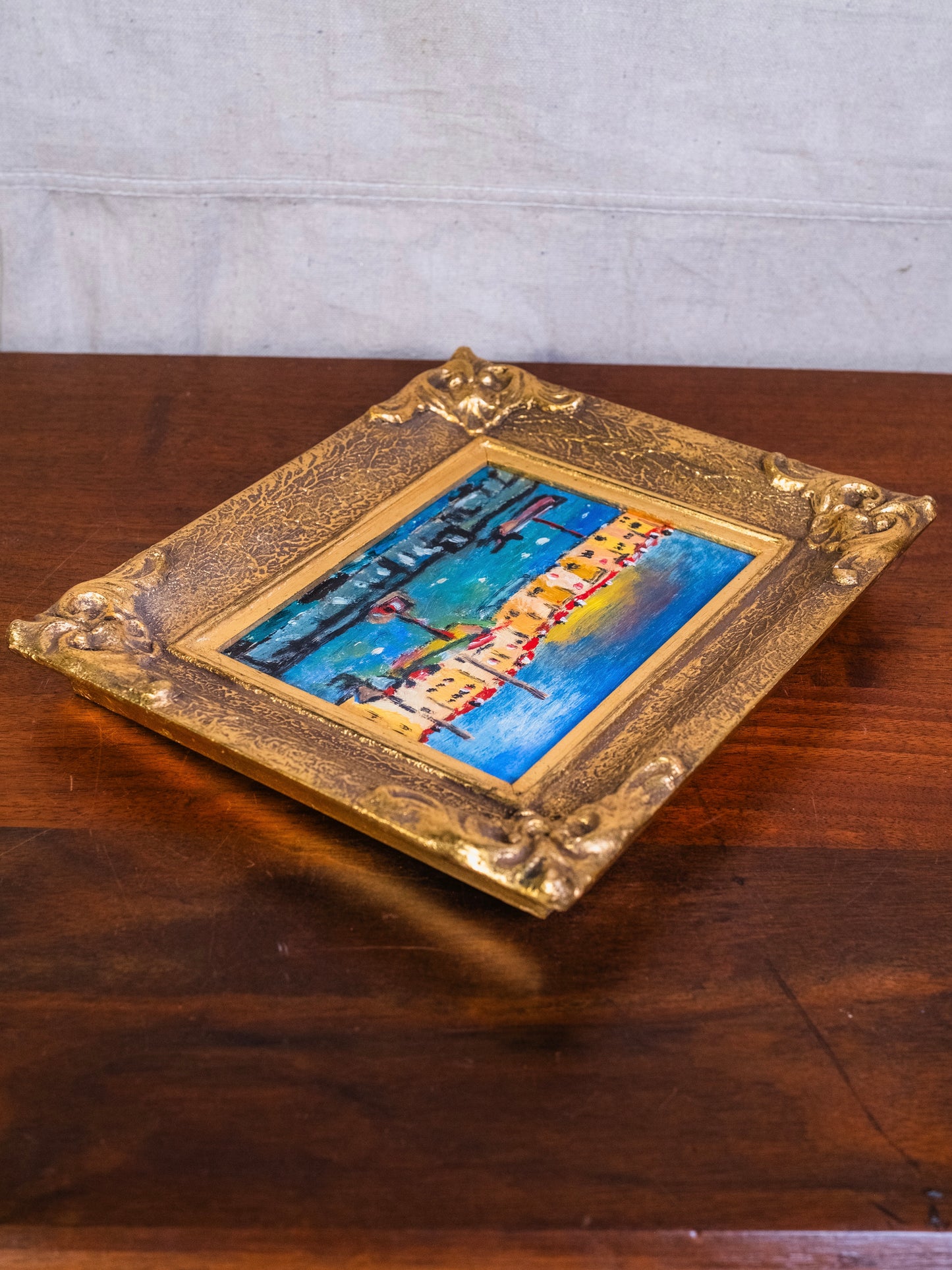Vintage Gold-Framed Mediterranean Boat Harbor Oil Painting
