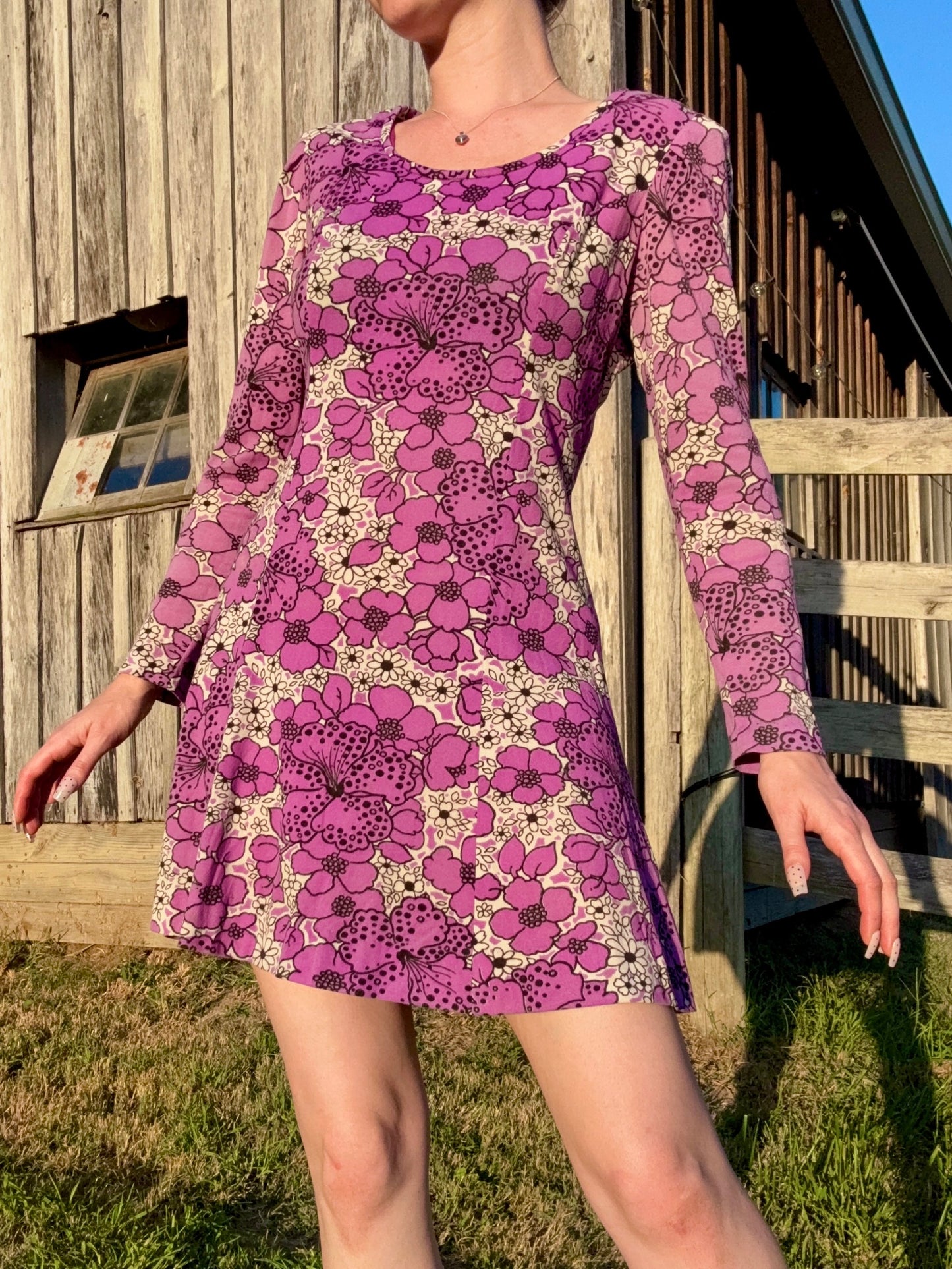 Vintage 1960s Patty O'Neil Purple Floral Long Sleeve Mini Dress | Medium