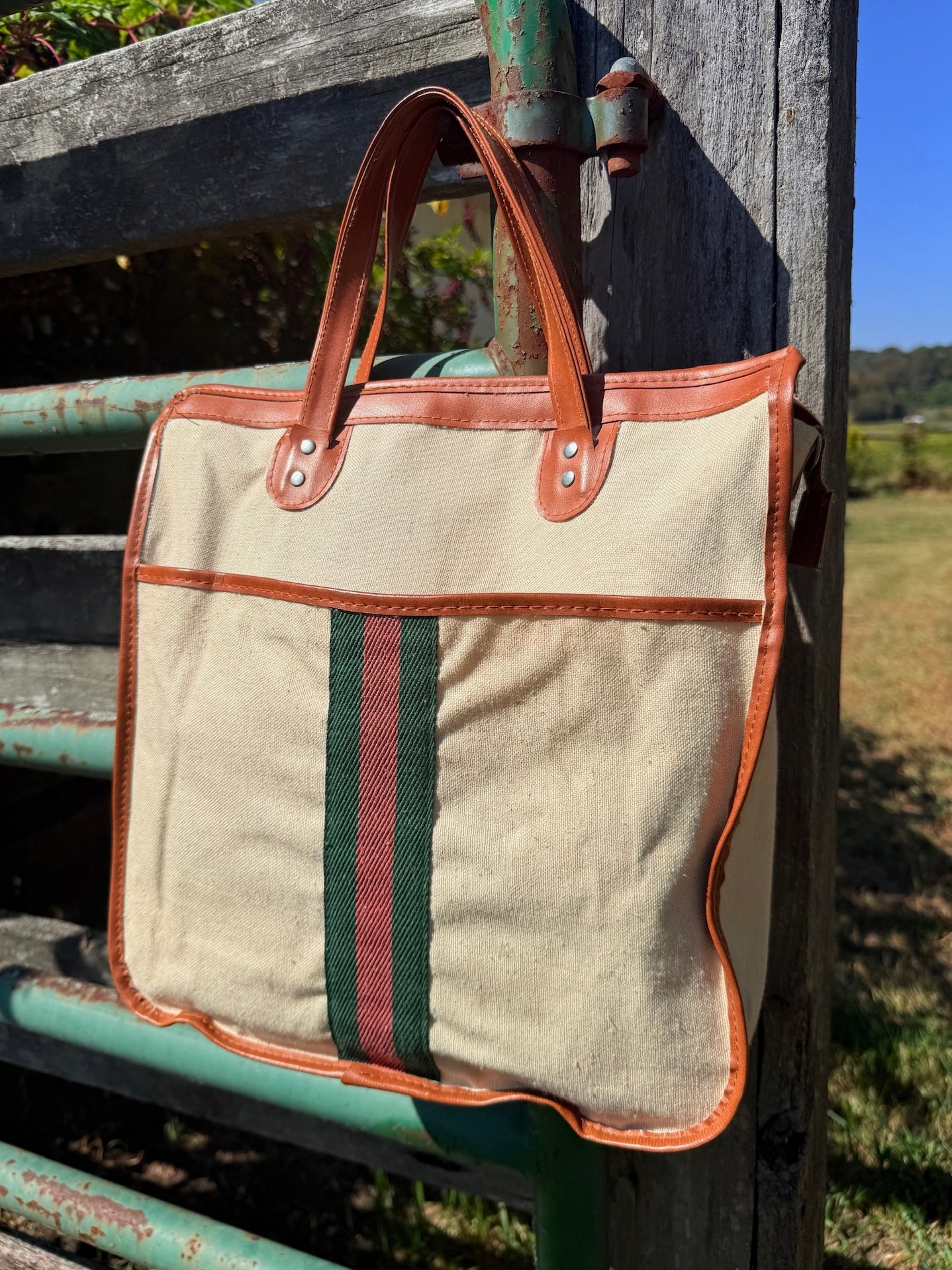 Vintage 1970s Gucci-Style Striped Canvas Top Handle Bag