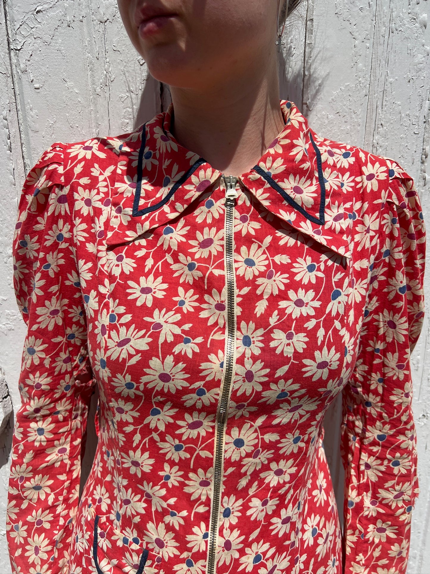 Vintage 1940s Red Floral Collared Zip-Front Maxi Dress | S/M