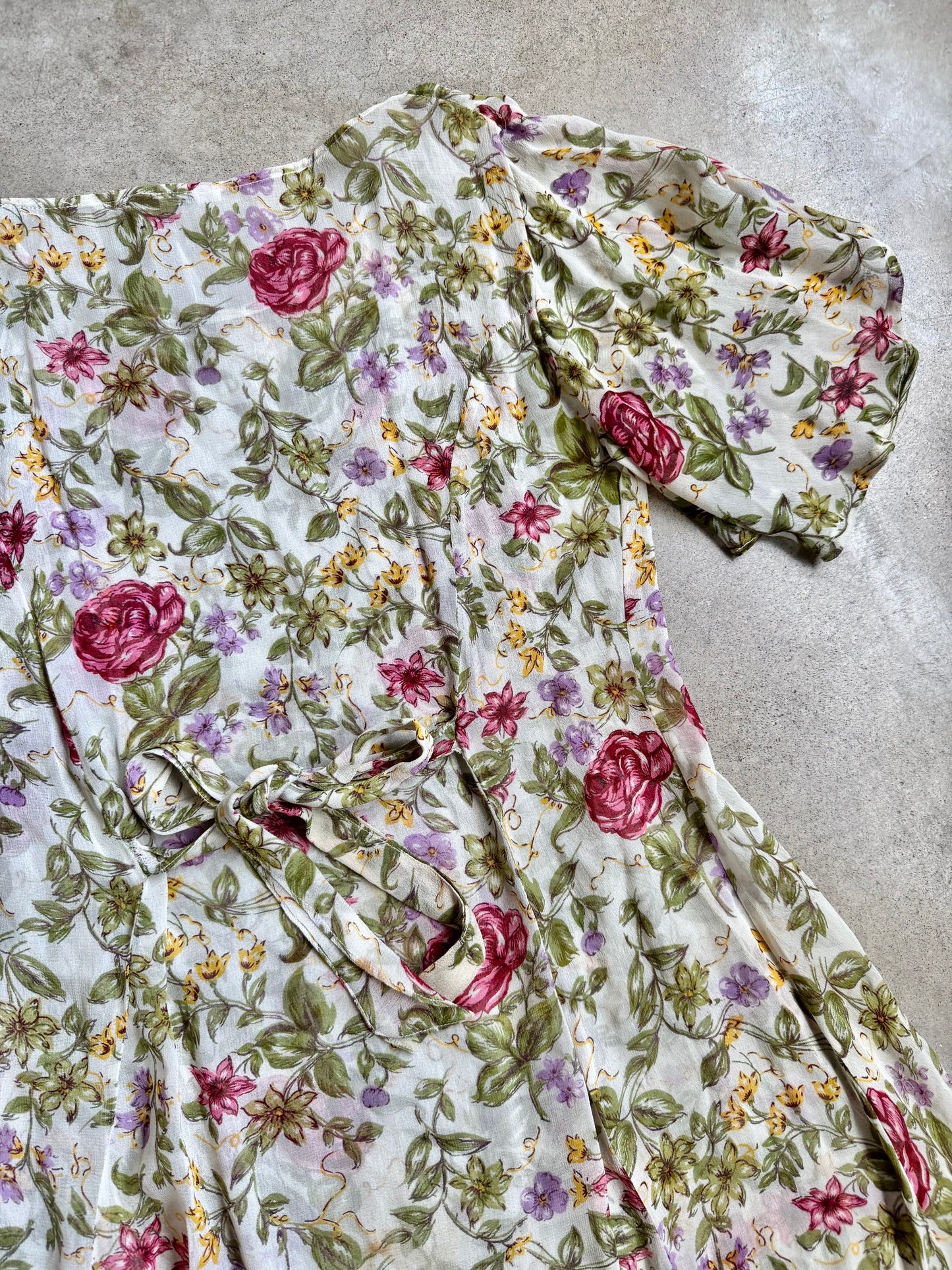 Vintage 1980s Sheer Floral Print Tie-Back Flutter Sleeve Summer Dress | M/L