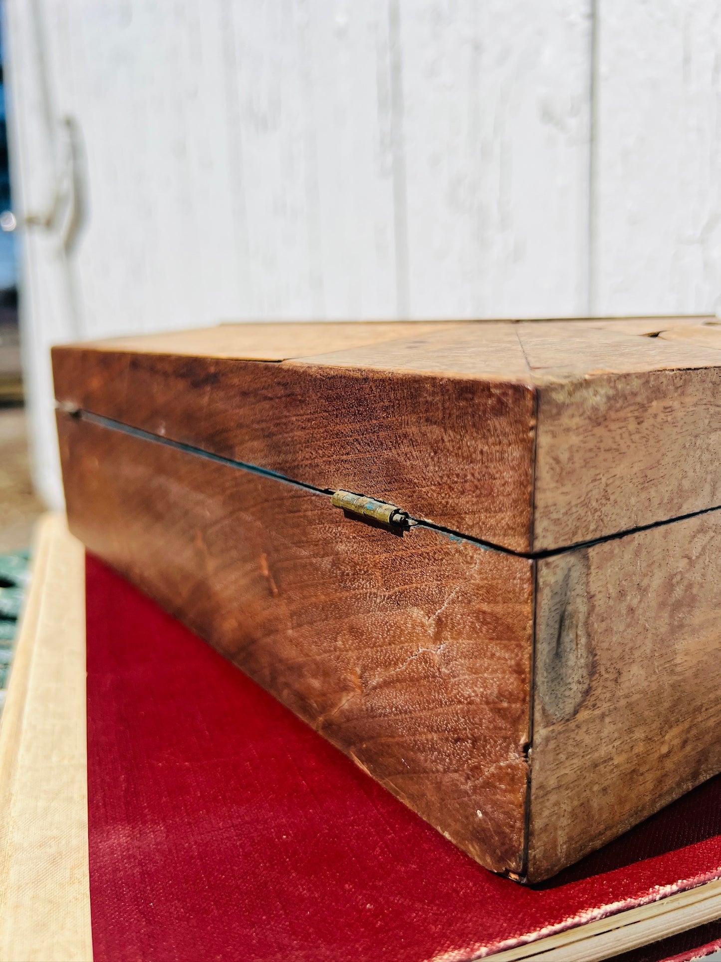 Antique 1800s Primitive Wood Inlay American Folk Art Jewelry Box