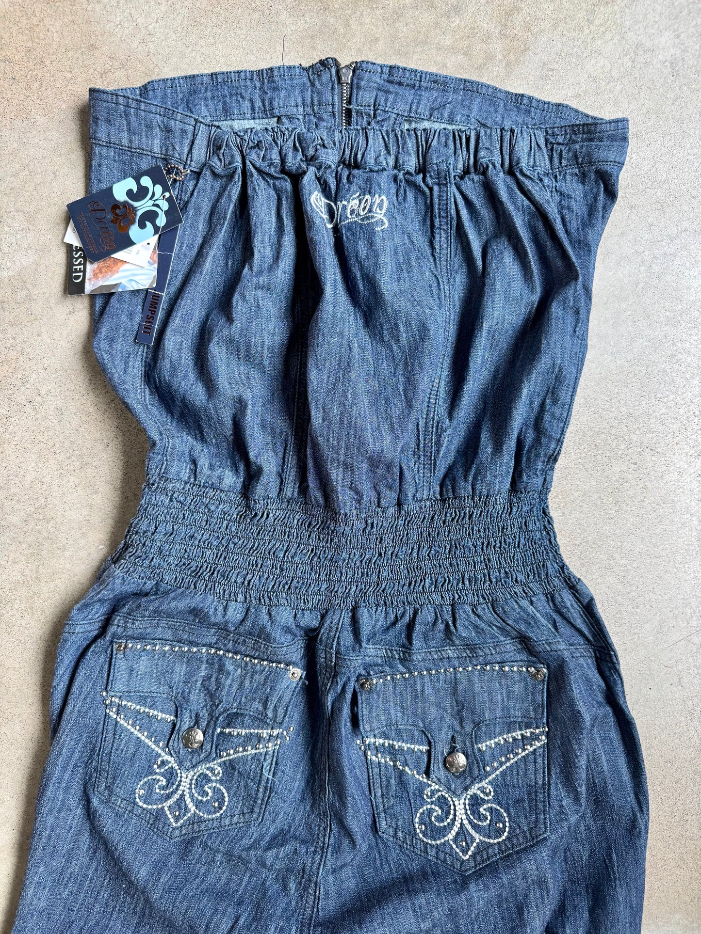 2000s Deréon Zip-Front Strapless Utility-Style Denim Jumpsuit | 1X