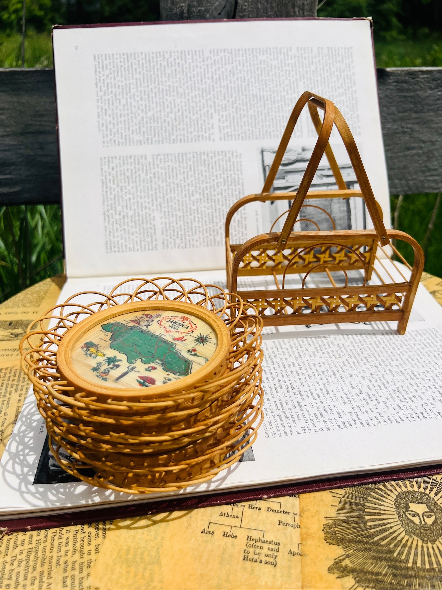 Vintage 1950s Jamaica West Indies Rattan Coaster Set