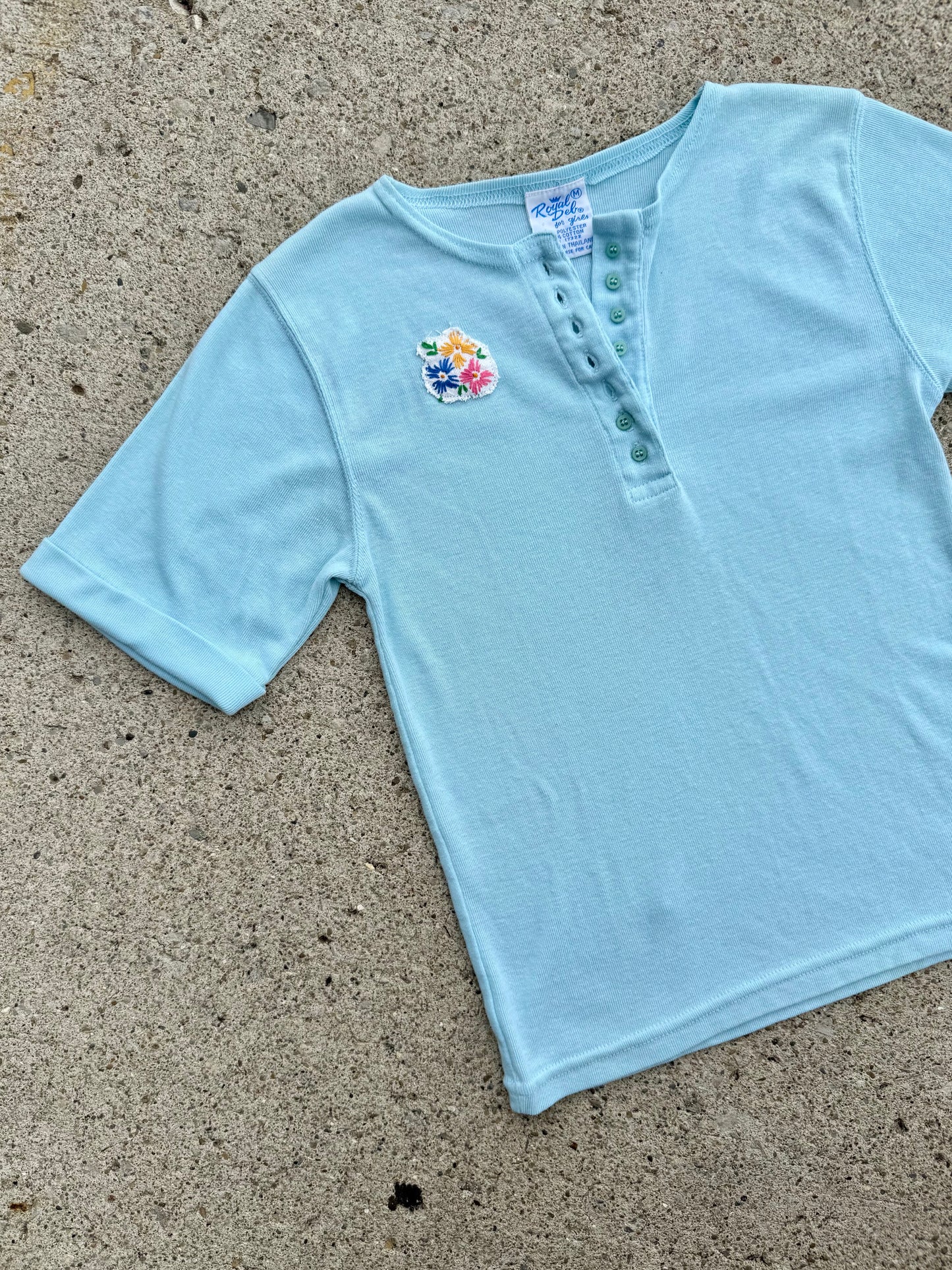 Vintage 1960s Royal Deb Baby Blue Floral Embroidered Henley Tee | Medium