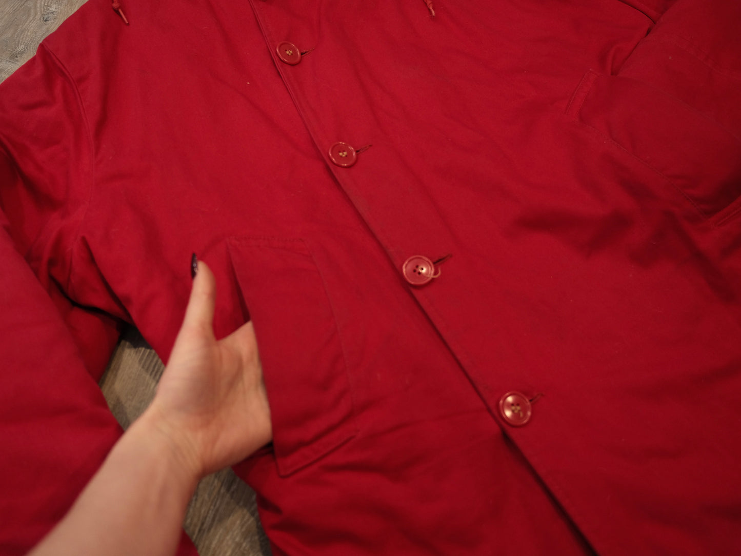 Vintage Red Insulated Canvas Hooded Coat | Medium