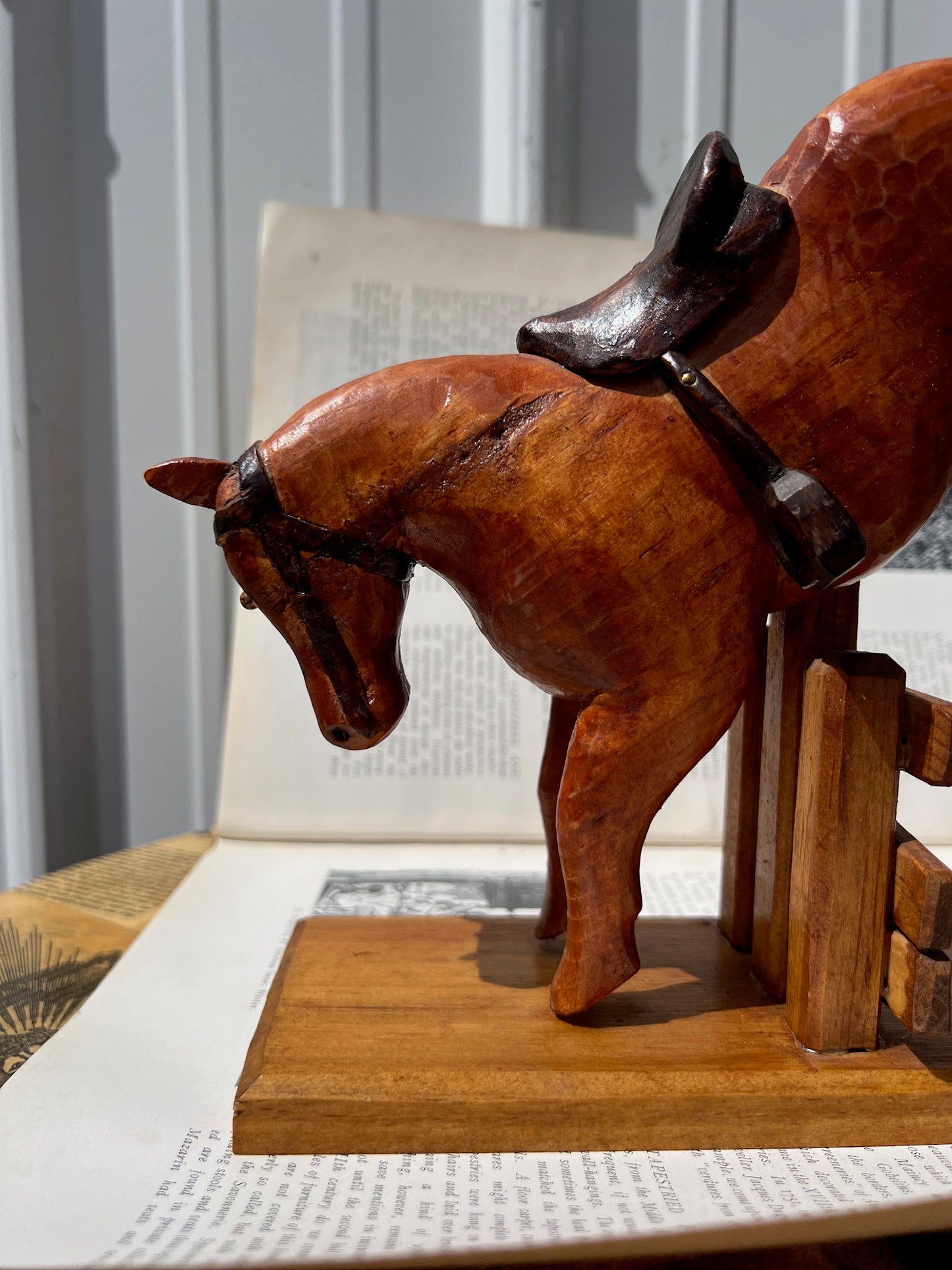 Vintage 1960s Wood Carved "Horse Jumping Fence" Folk Art